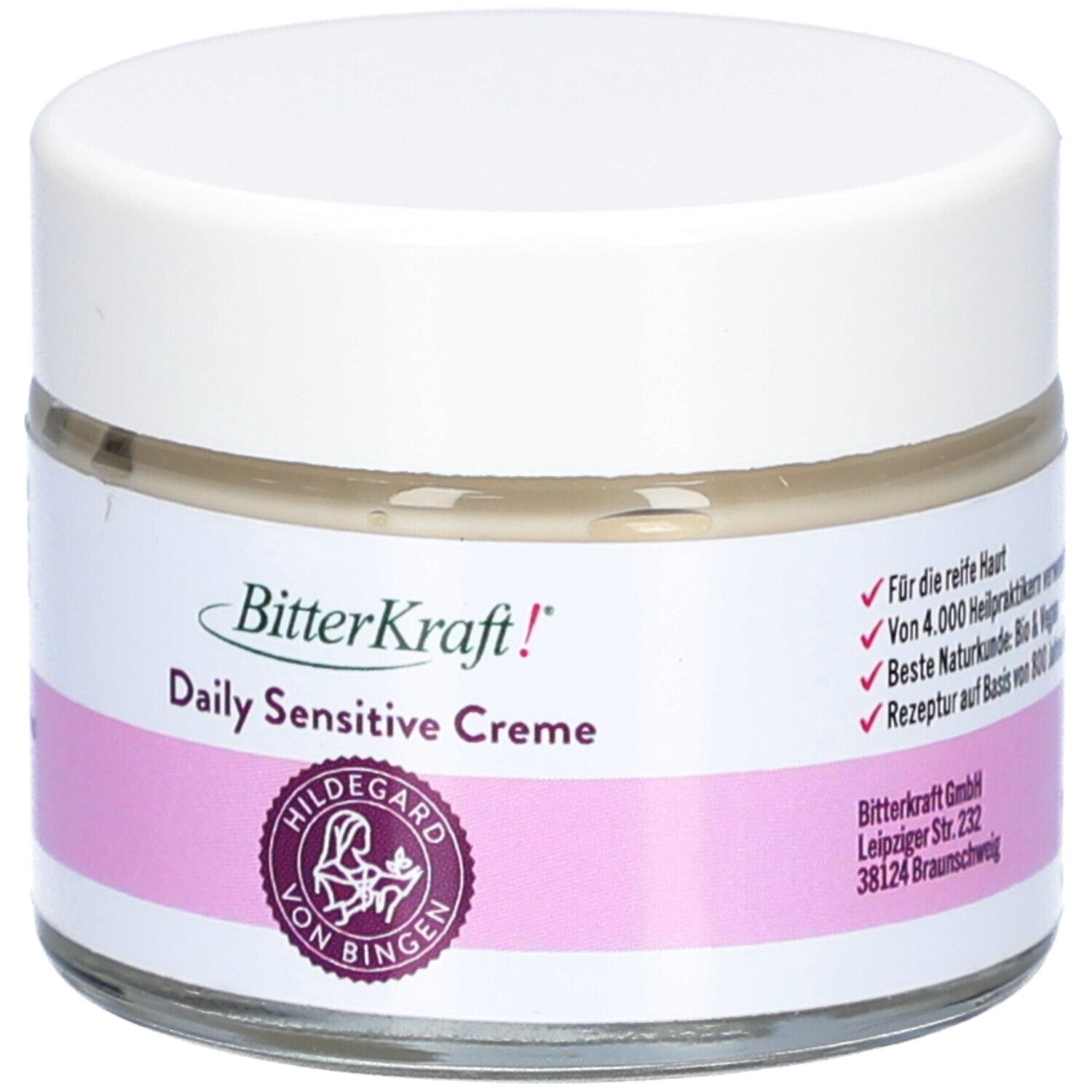 Creme-Glas mit weißem Deckel. Auf dem Etikett steht "BitterKraft! Daily Sensitive Creme" und ein Logo von Hildegard von Bingen.  Zusätzlich: Informationen.