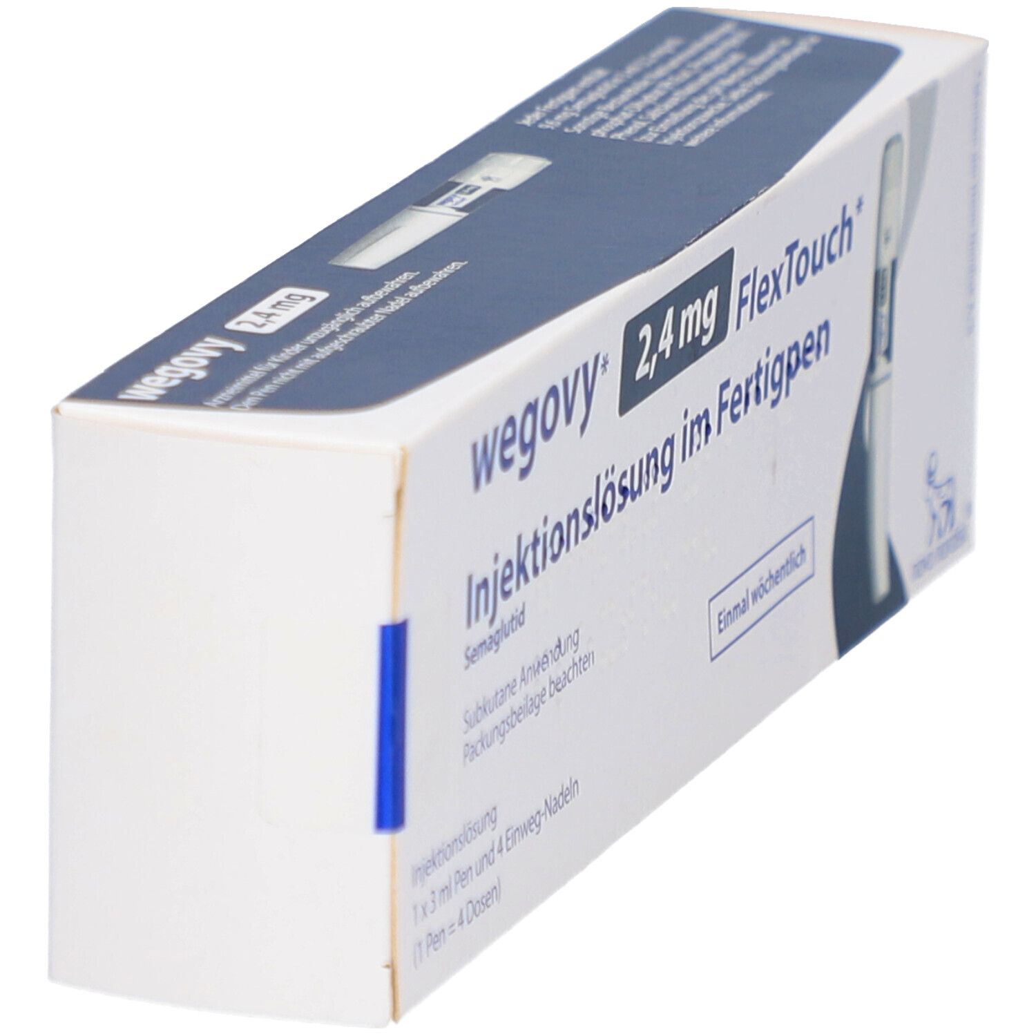 Schrägansicht der WEGOVY 2,4 mg FlexTouch Injektionslsg.Fertigpen Verpackung. Weißer Karton mit blauen Akzenten.