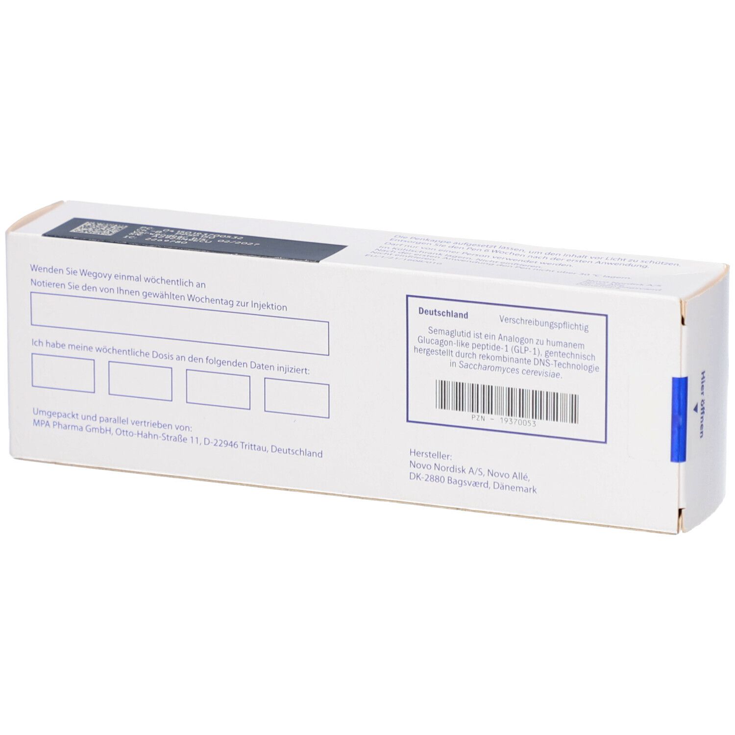 Rückseite der WEGOVY 2,4 mg FlexTouch Injektionslsg.Fertigpen Verpackung. Weiße Box mit Text und Barcode.