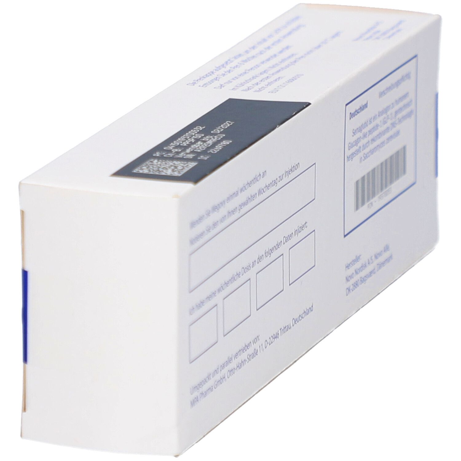 Schrägansicht der Rückseite der WEGOVY 2,4 mg FlexTouch Injektionslsg.Fertigpen Verpackung. Weiße Box mit Text.