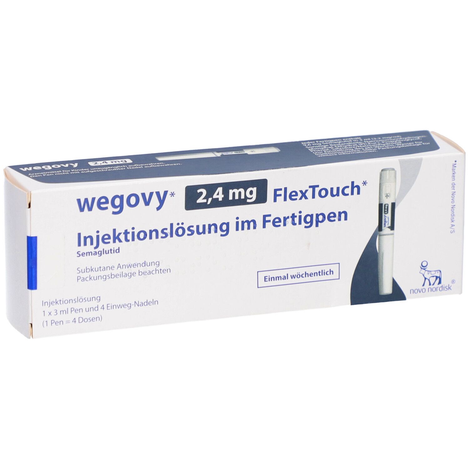 WEGOVY 2,4 mg FlexTouch Injektionslsg.Fertigpen Verpackung. Weißer Karton mit Produktnamen und Inhaltsangaben.