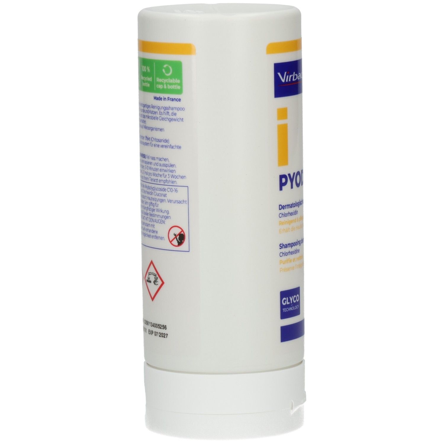 Weiße Flasche, Seitenansicht. Aufschrift: PYODERM, Dermatologisches Shampoo. Marke: Virbac. Mit Recycling-Symbolen.