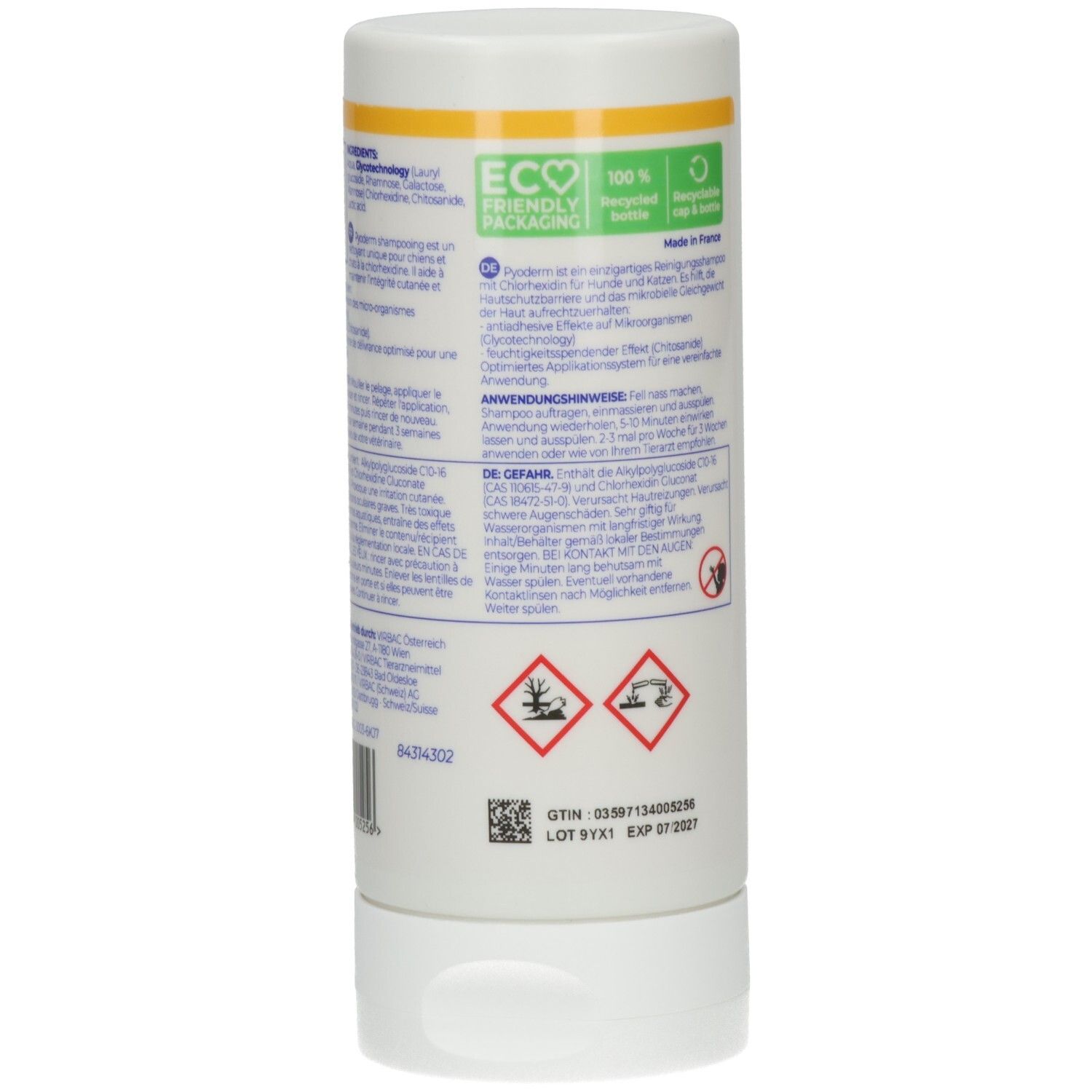 Rückseite der weißen Flasche. Textinformationen, Warnhinweise und Recycling-Symbole. Marke: Virbac. Mit QR-Code.