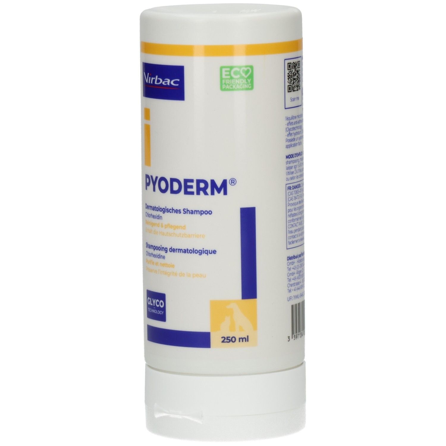 Weiße Flasche, leicht schräg. Aufschrift: PYODERM, Dermatologisches Shampoo. Marke: Virbac. 250 ml. Mit QR-Code.