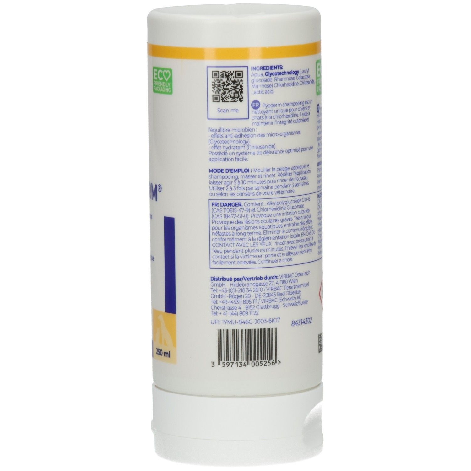 Rückseite der weißen Flasche. Textinformationen, Inhaltsstoffe, Anwendungshinweise. Marke: Virbac. Mit QR-Code.