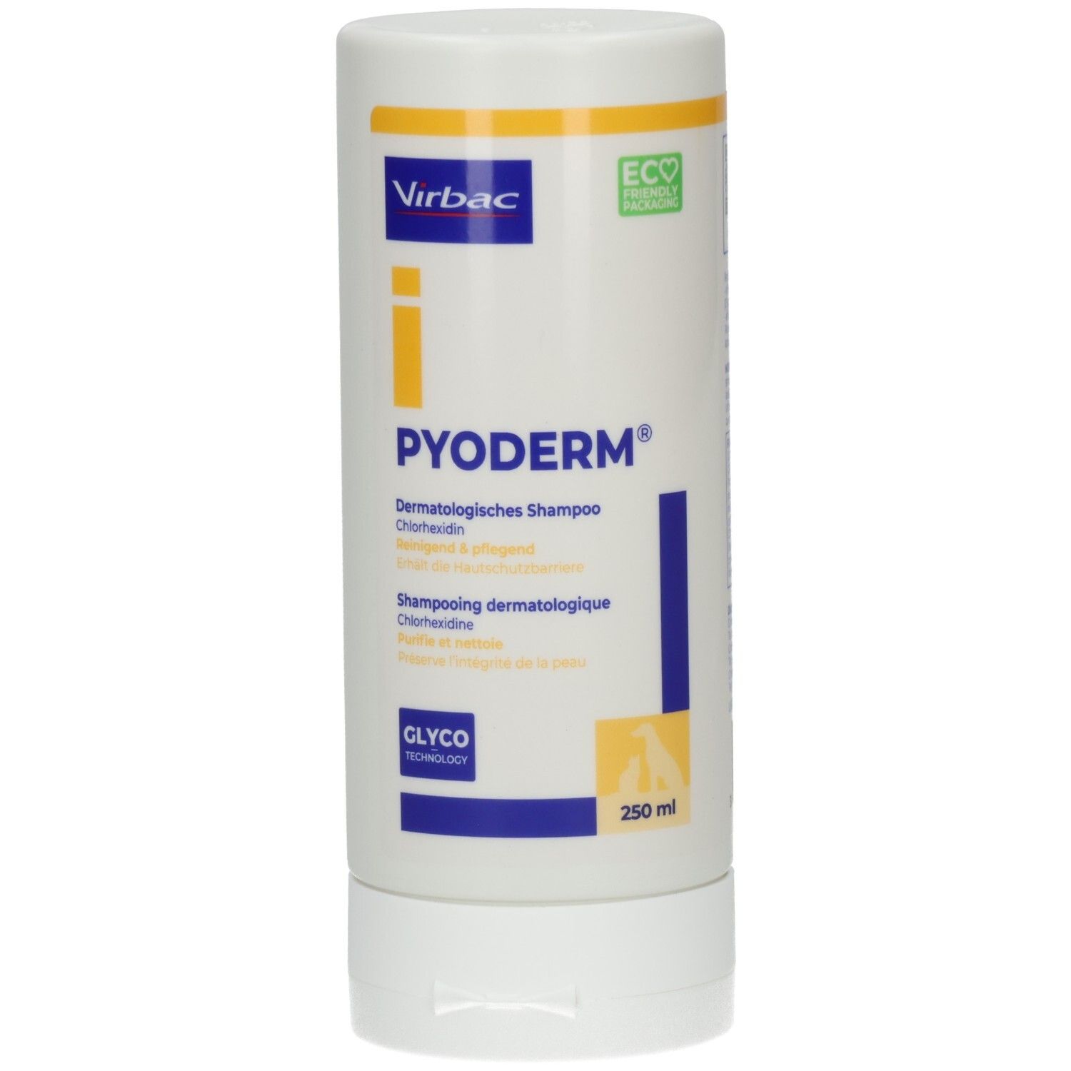 Weiße Flasche. Aufschrift: PYODERM, Dermatologisches Shampoo. Marke: Virbac. 250 ml. Mit Eco-Label.