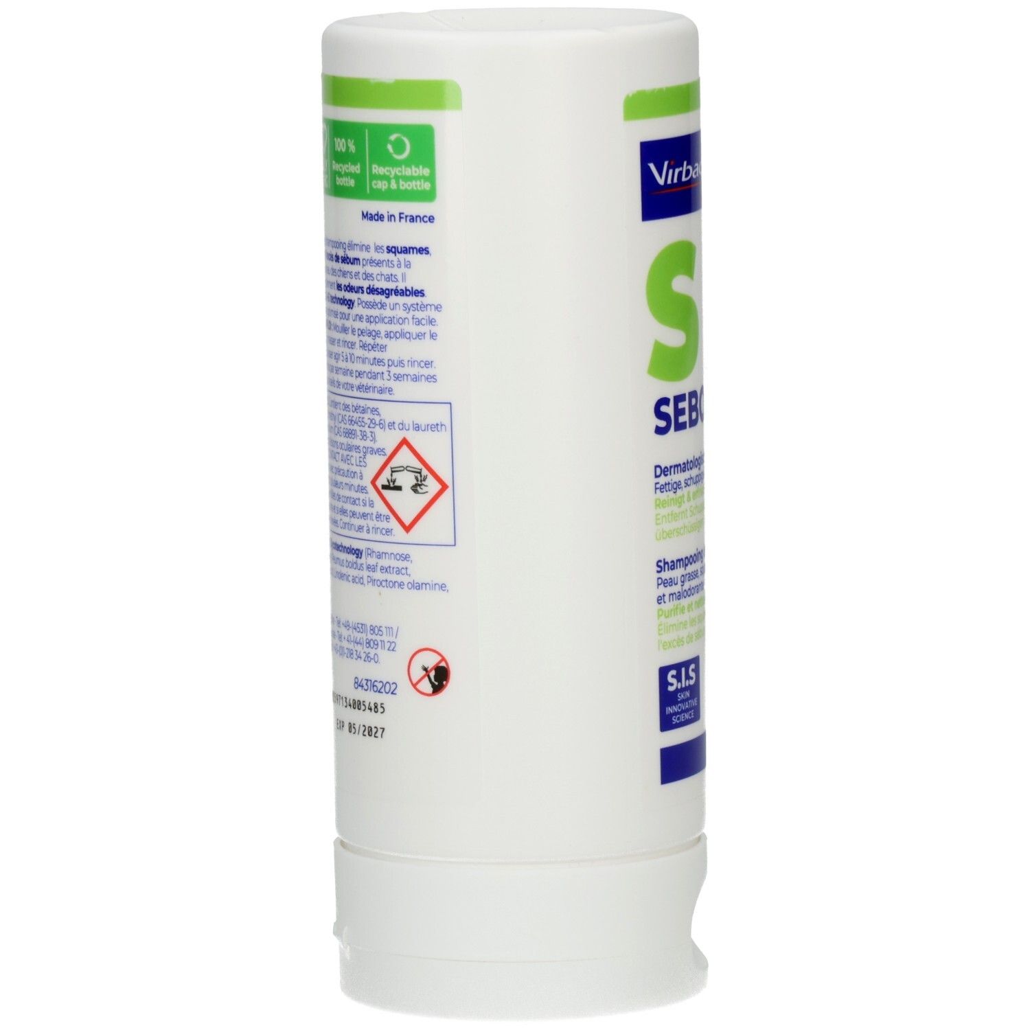 Rückseite der Sebolytic Shampoo-Flasche mit Anwendungshinweisen und Inhaltsstoffen.
