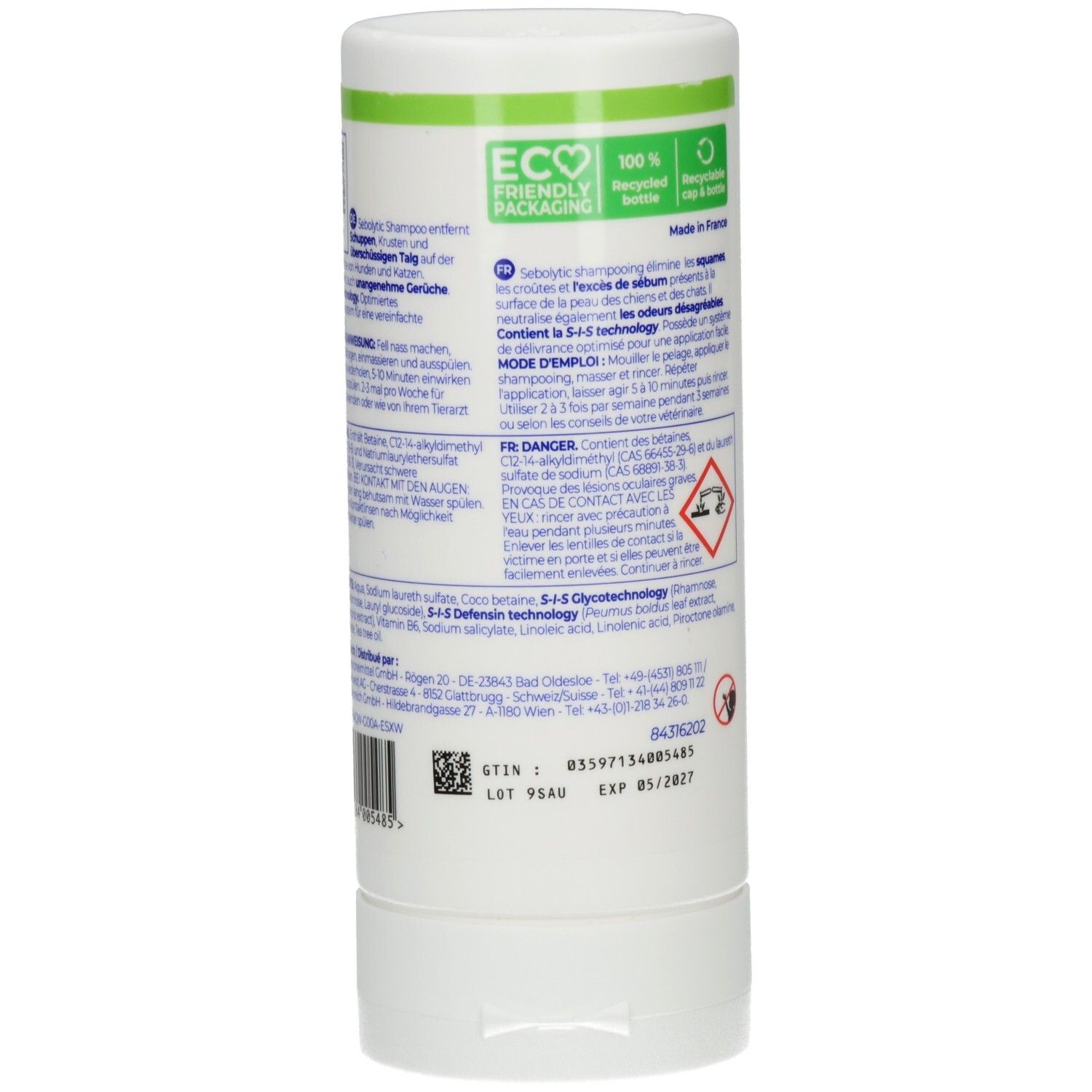 Rückseite der Sebolytic Shampoo-Flasche mit GTIN und Verfallsdatum.