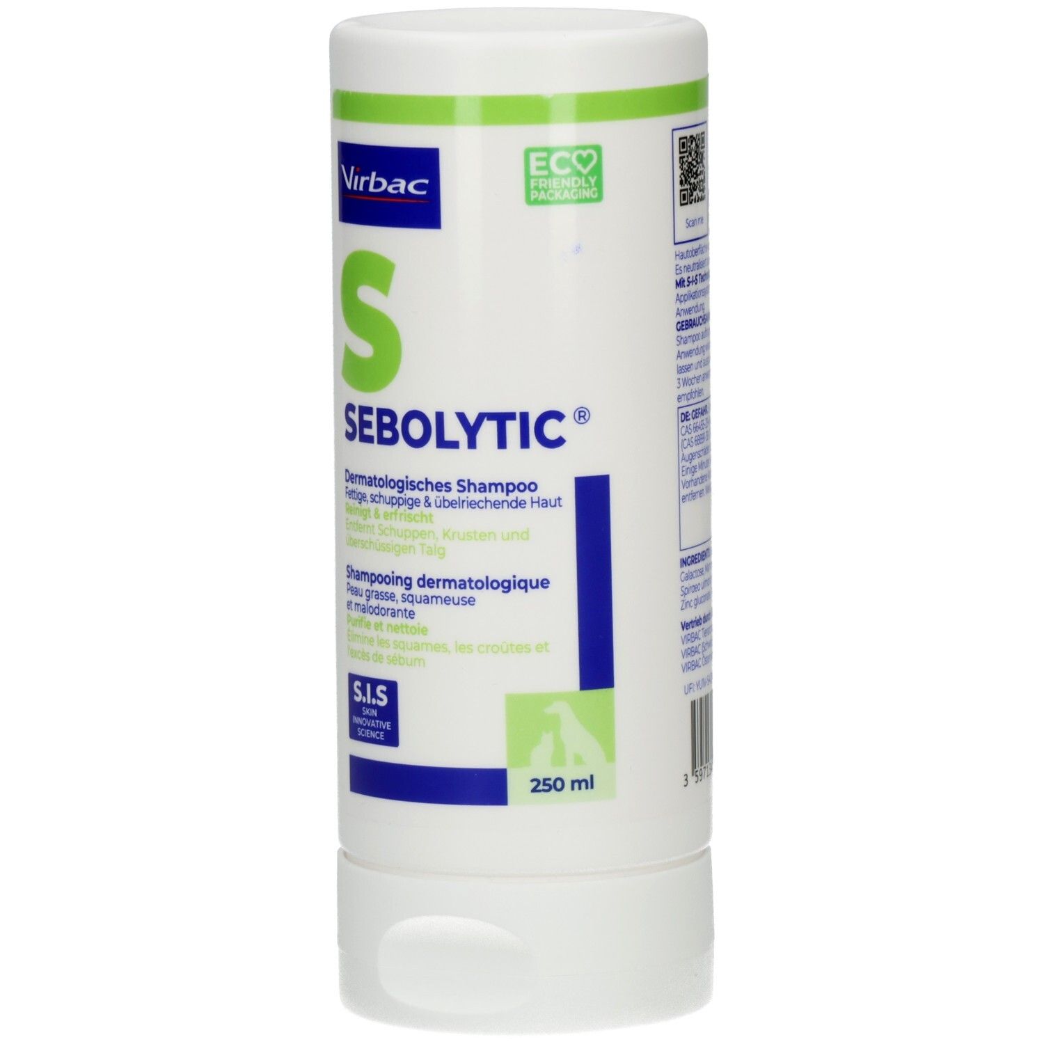 Vorderseite der Sebolytic Shampoo-Flasche mit Logo und Produktbezeichnung.