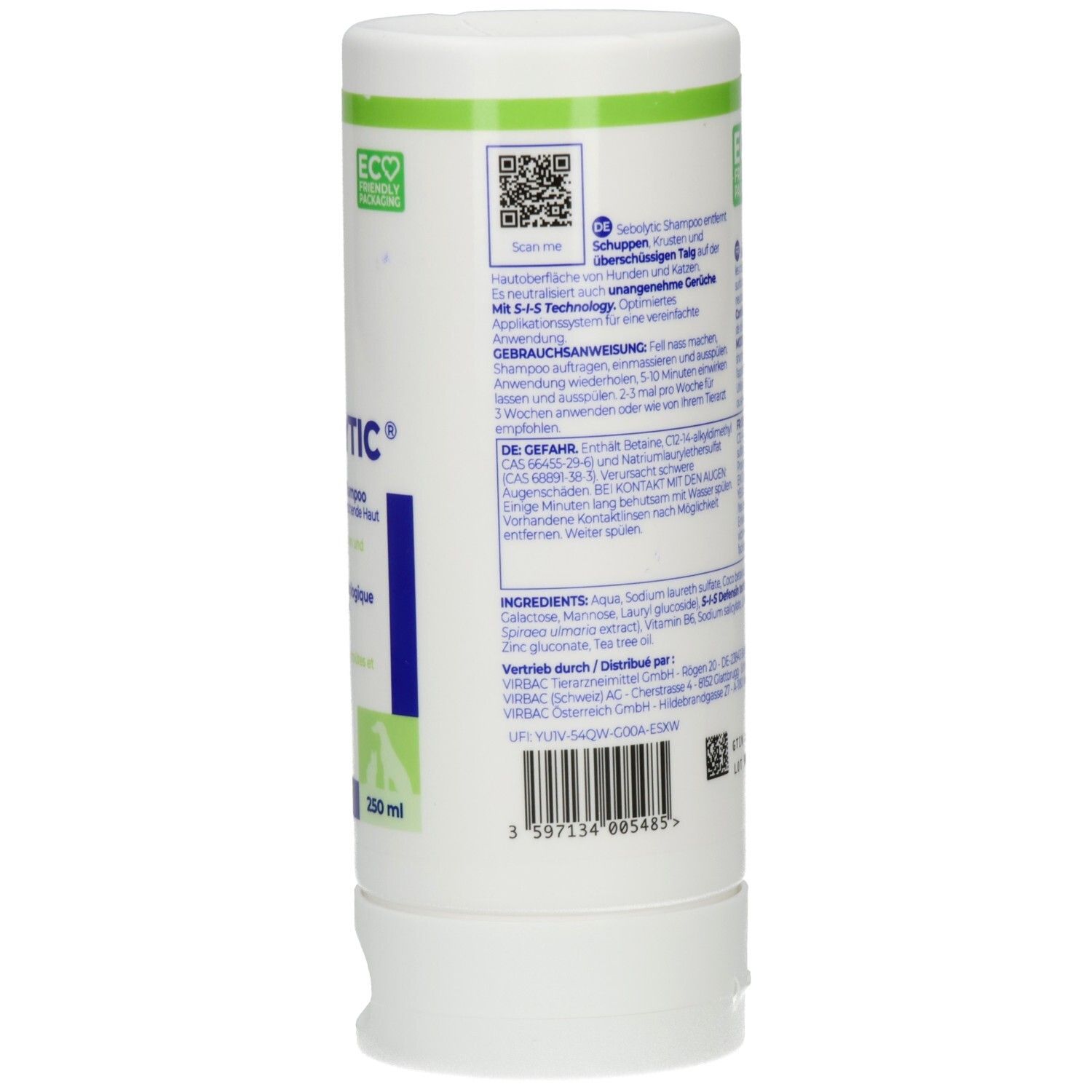 Seitenansicht der Sebolytic Shampoo-Flasche mit Eco-Friendly-Verpackungslogo.