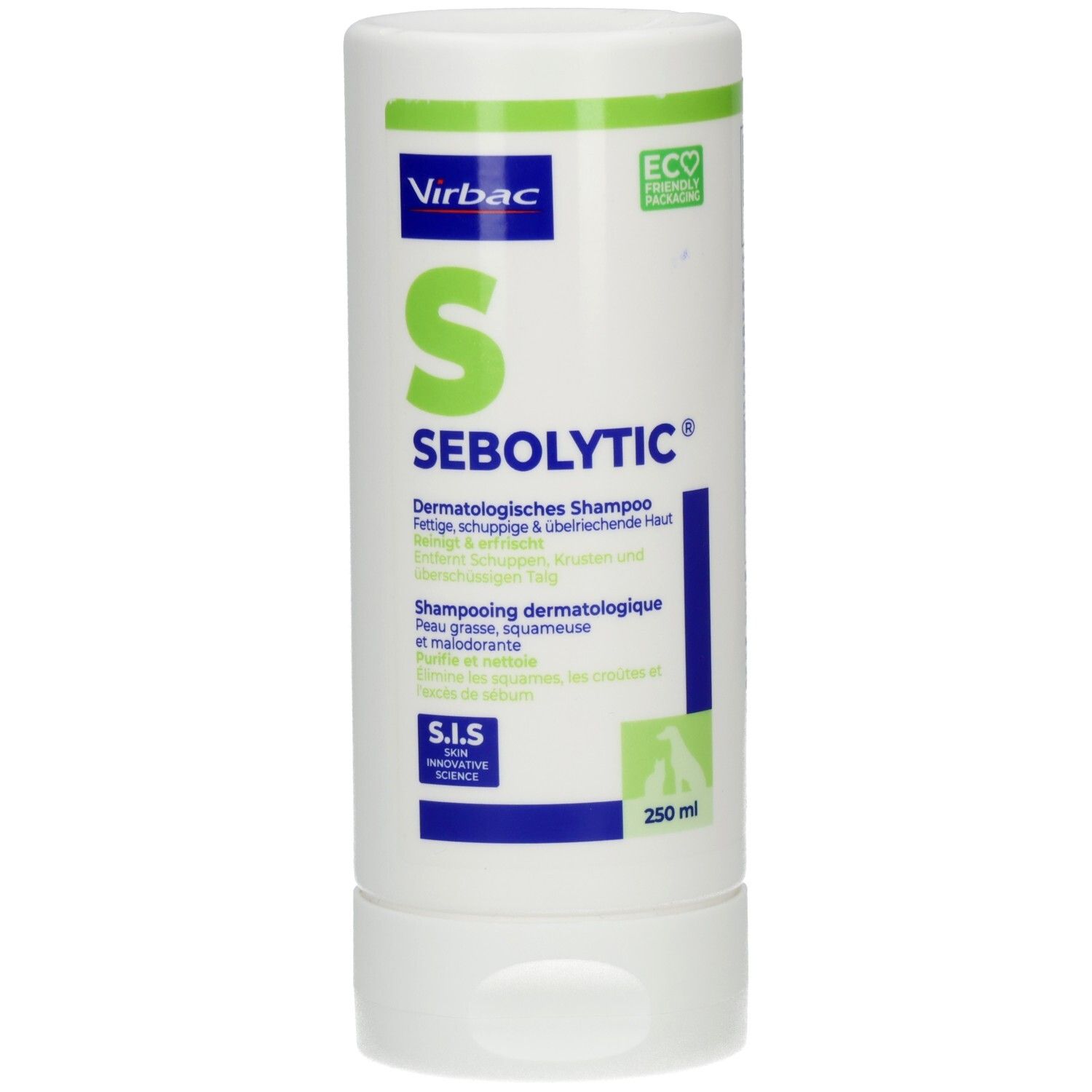 Vorderseite der Sebolytic Shampoo-Flasche mit detaillierter Produktbeschreibung.