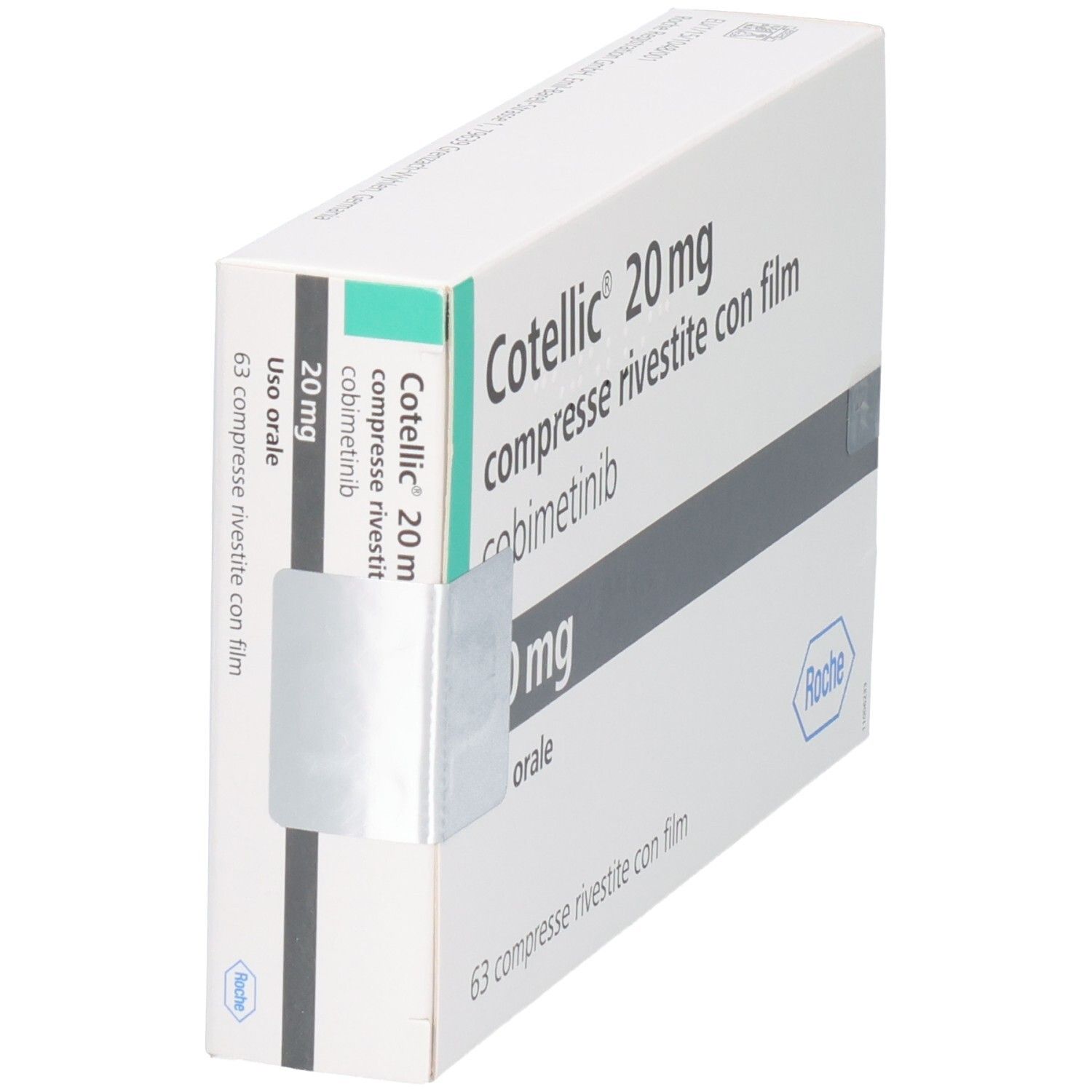 COTELLIC 20 mg Filmtabletten Schachtel, Seitenansicht mit 63 Filmtabletten.