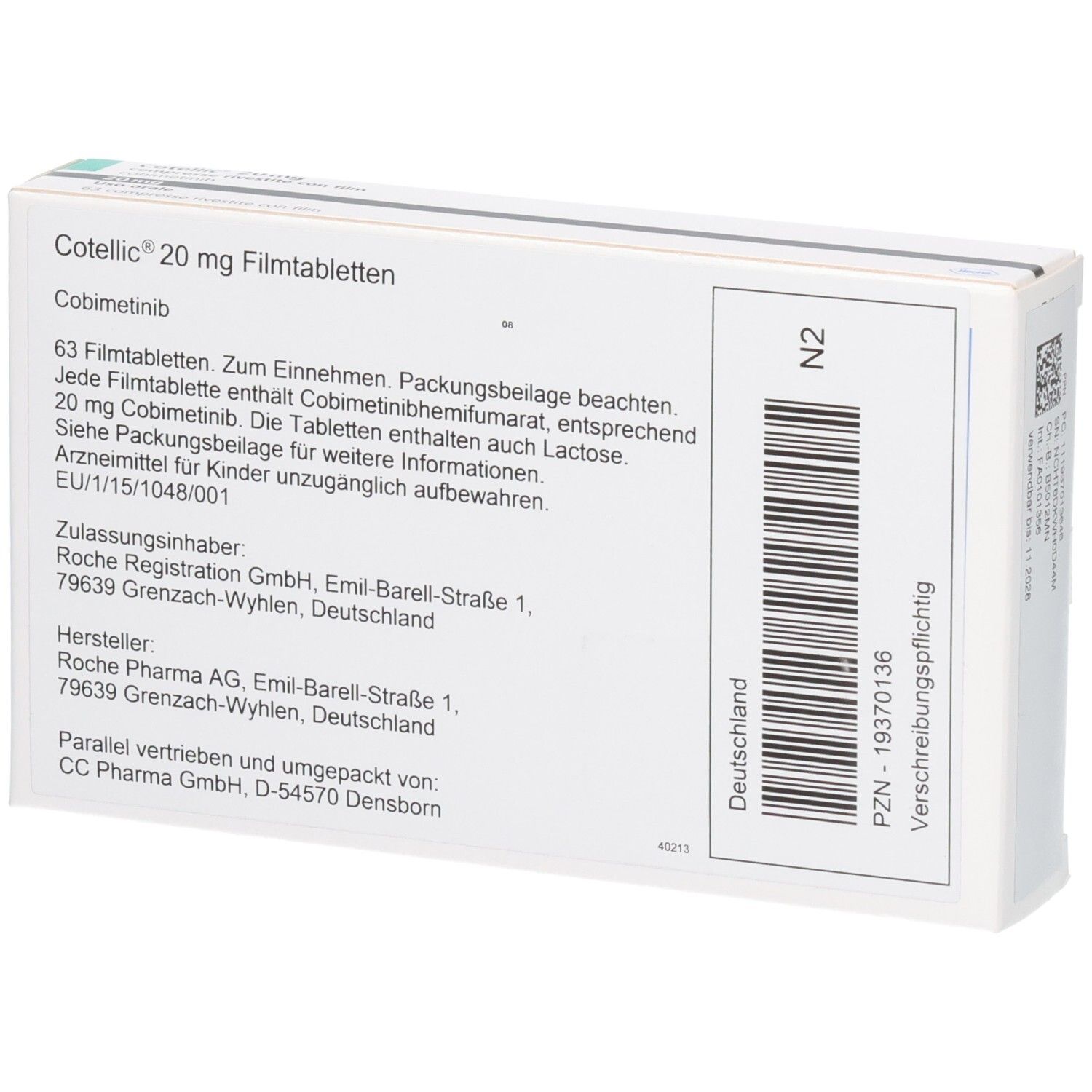 Rückseite der COTELLIC 20 mg Filmtabletten Schachtel mit Produktinformationen.