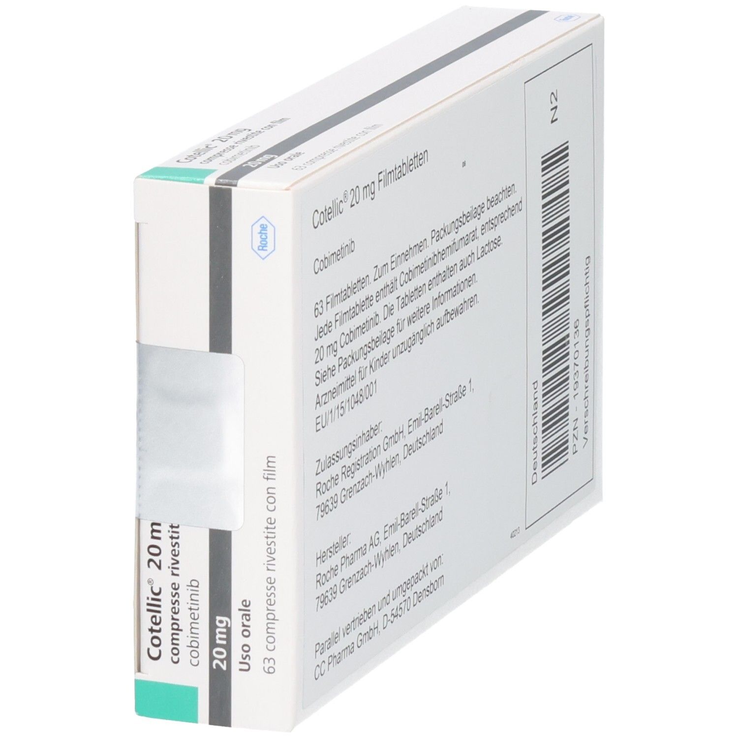 COTELLIC 20 mg Filmtabletten Schachtel, schräge Ansicht mit 63 Filmtabletten.