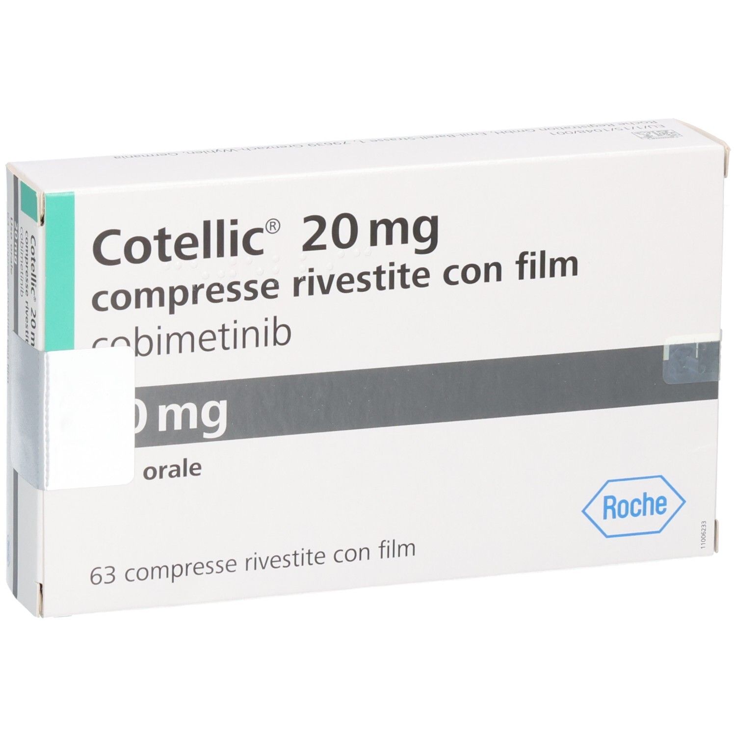 COTELLIC 20 mg Filmtabletten Schachtel mit 63 Filmtabletten, leicht schräg.