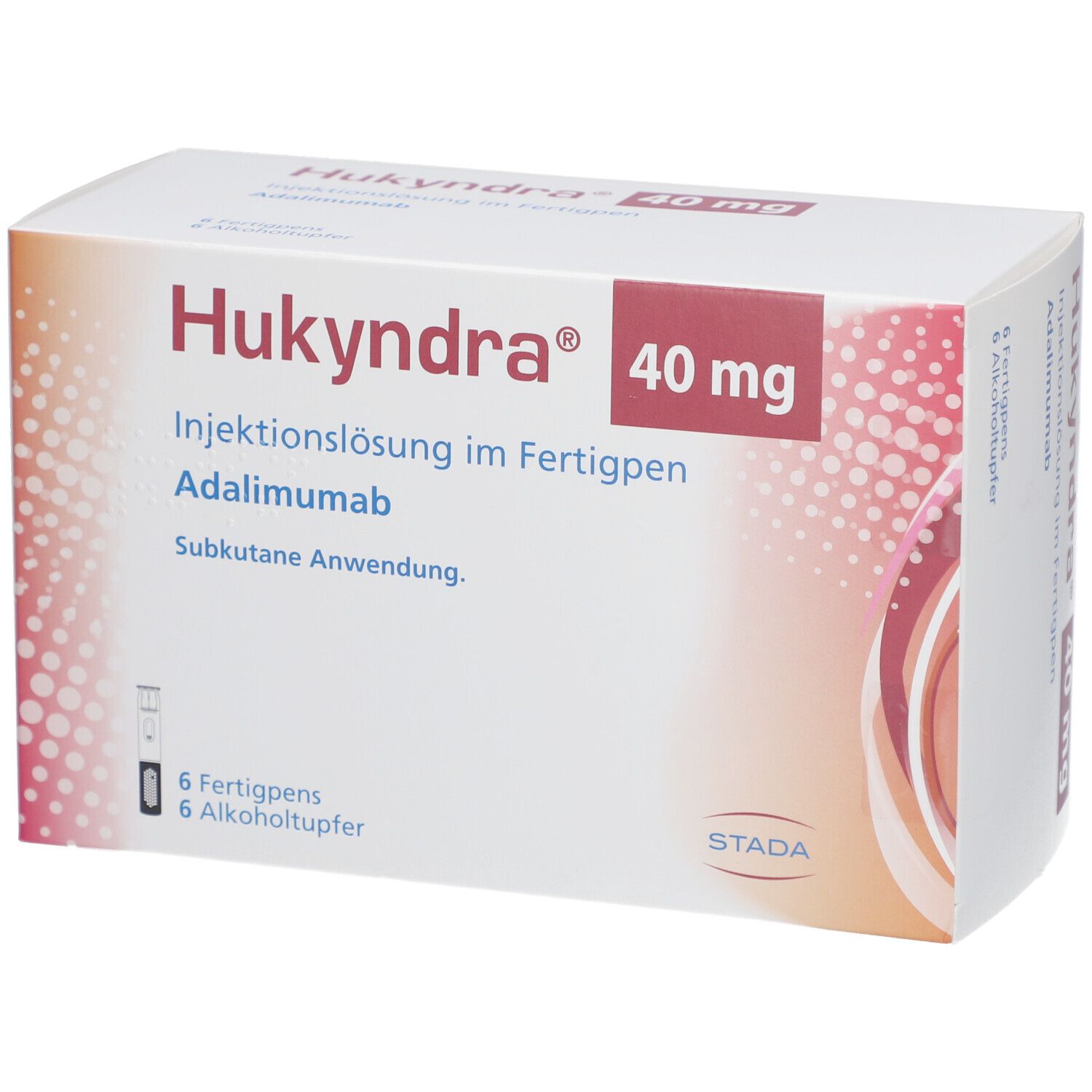Verpackung von Hukyndra 40 mg. Aufschrift: Injektionslösung im Fertigpen, 6 Fertigpens, 6 Alkoholtupfer.