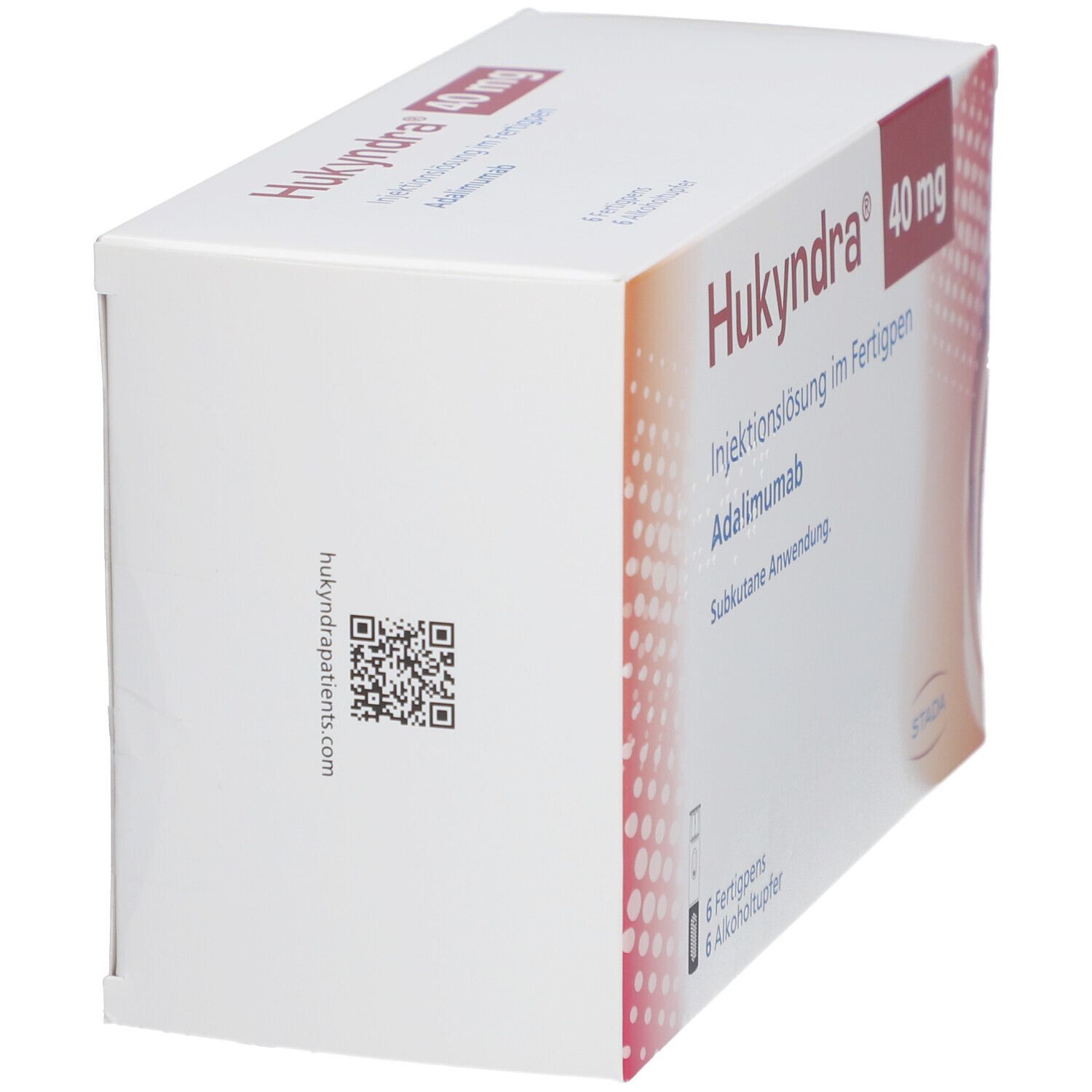 Hukyndra 40 mg Verpackung, Seitenansicht. QR-Code und Text: hukyndrapatents.com. Logo STADA.