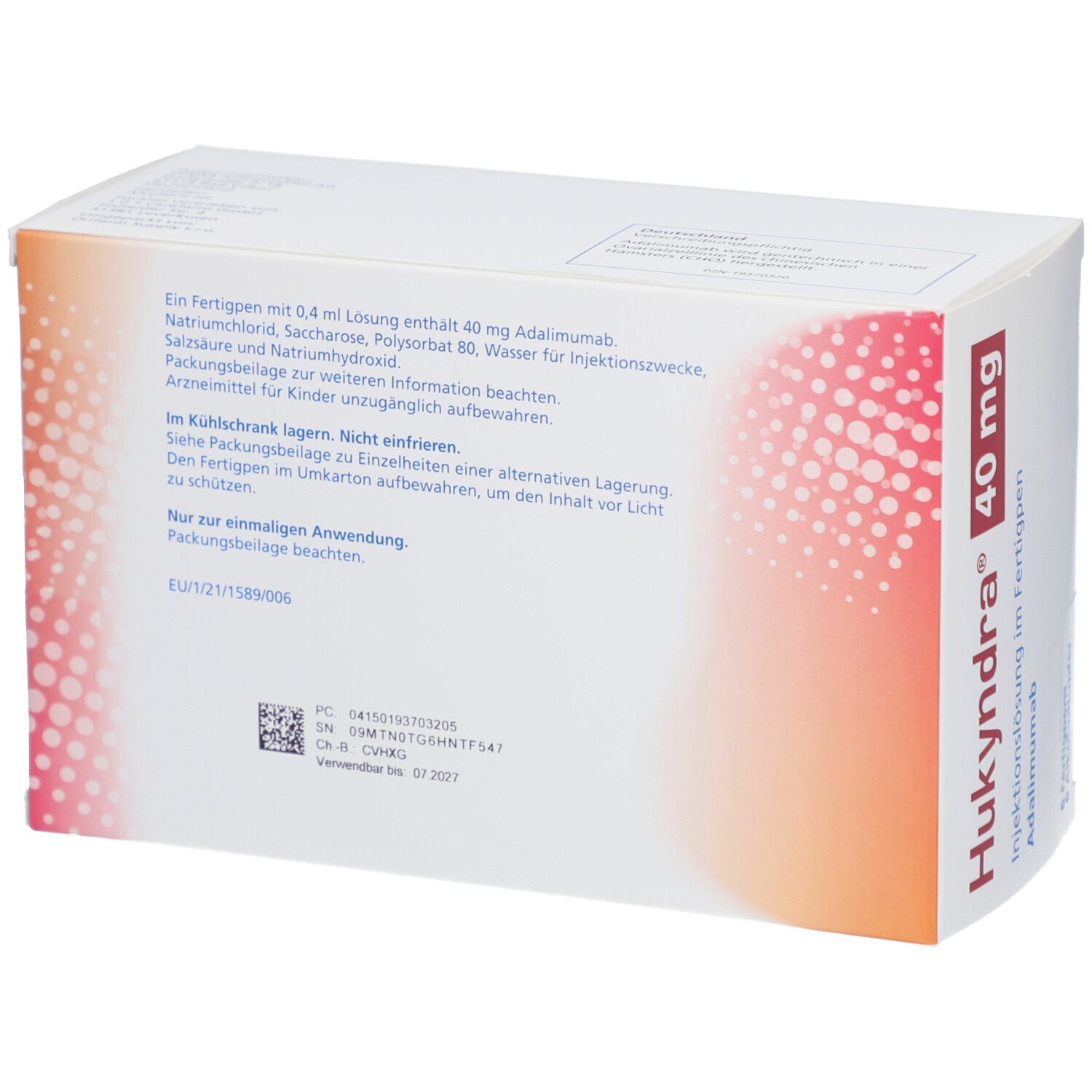Rückseite der Hukyndra 40 mg Verpackung. Text über Inhaltsstoffe und Anwendung. QR-Code und Chargennummer.