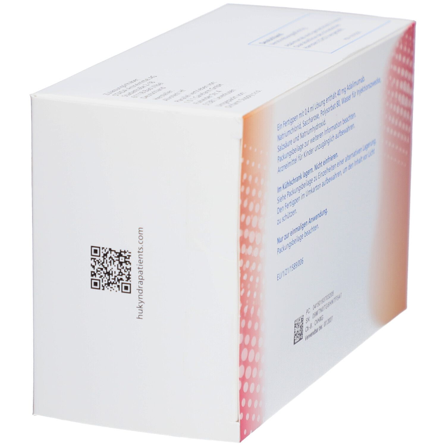 Hukyndra 40 mg Verpackung, Seitenansicht. QR-Code und Text: hukyndrapatents.com. Chargennummer.