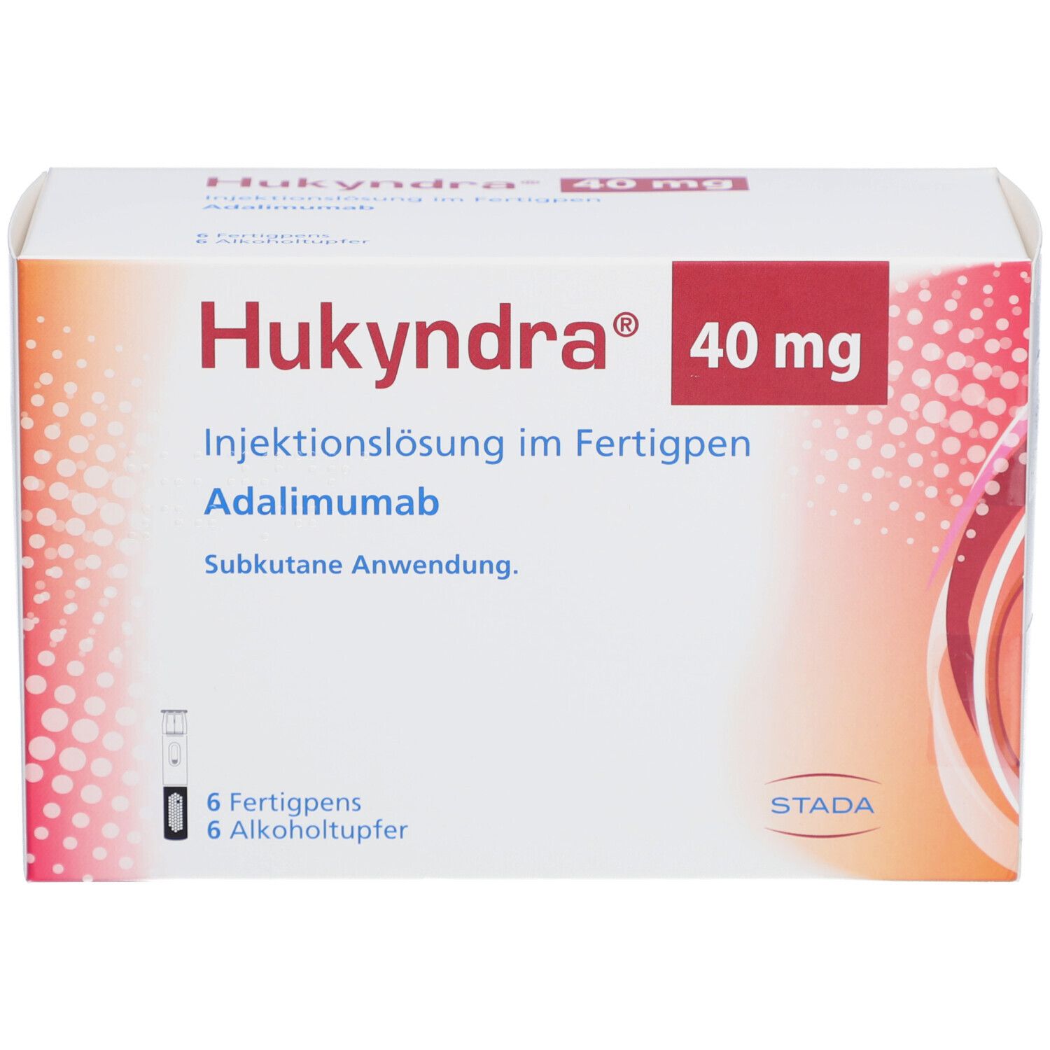 Hukyndra 40 mg Verpackung. Aufschrift: Injektionslösung im Fertigpen, 6 Fertigpens, 6 Alkoholtupfer. Logo STADA.