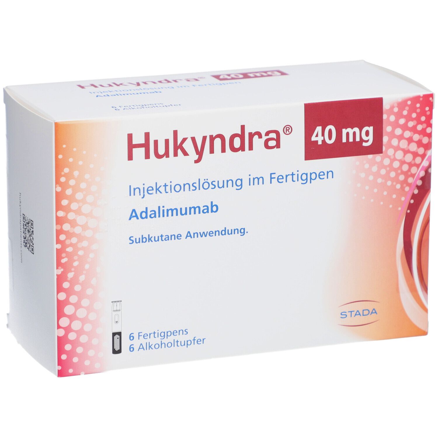 Hukyndra 40 mg Verpackung. Aufschrift: Injektionslösung im Fertigpen, 6 Fertigpens, 6 Alkoholtupfer. Logo STADA.