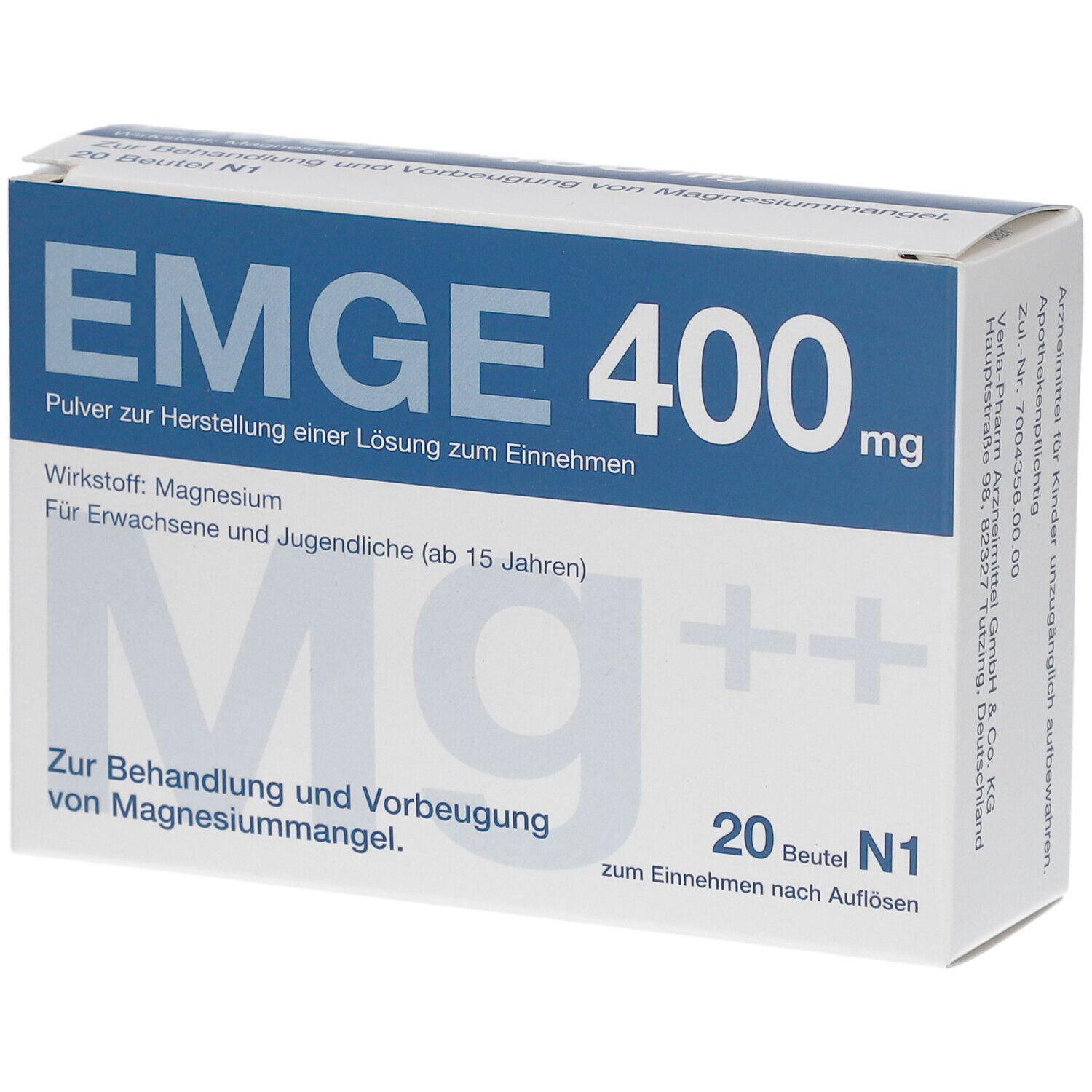 Verpackung von EMGE 400 mg. Weißer Karton mit blauer Schrift. Enthält 20 Beutel. Aufschrift: Magnesium, zur Behandlung von Magnesiummangel.