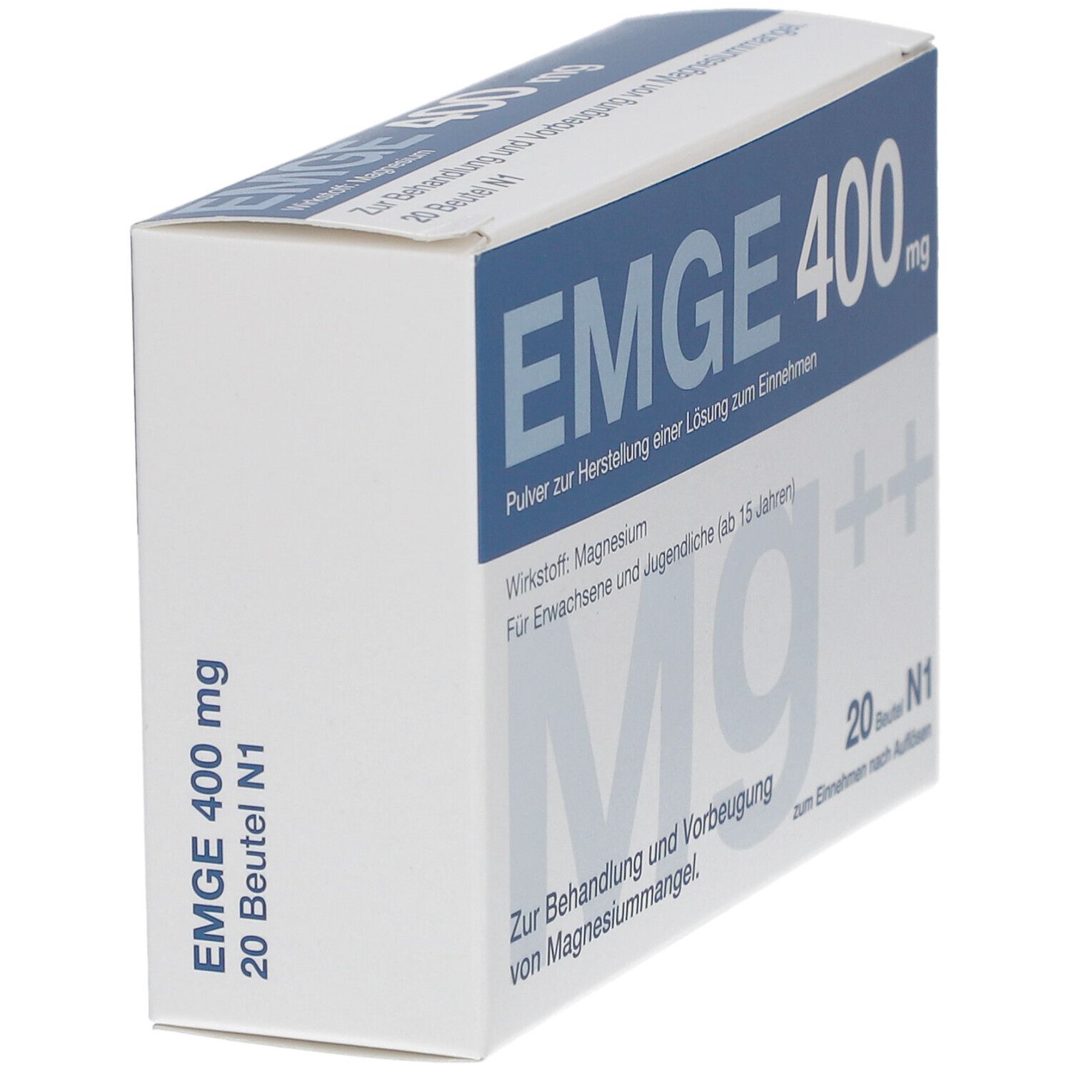 EMGE 400 mg Verpackung, schräg. Weißer Karton mit blauer Schrift. Enthält 20 Beutel. Aufschrift: Magnesium, zur Behandlung von Magnesiummangel.