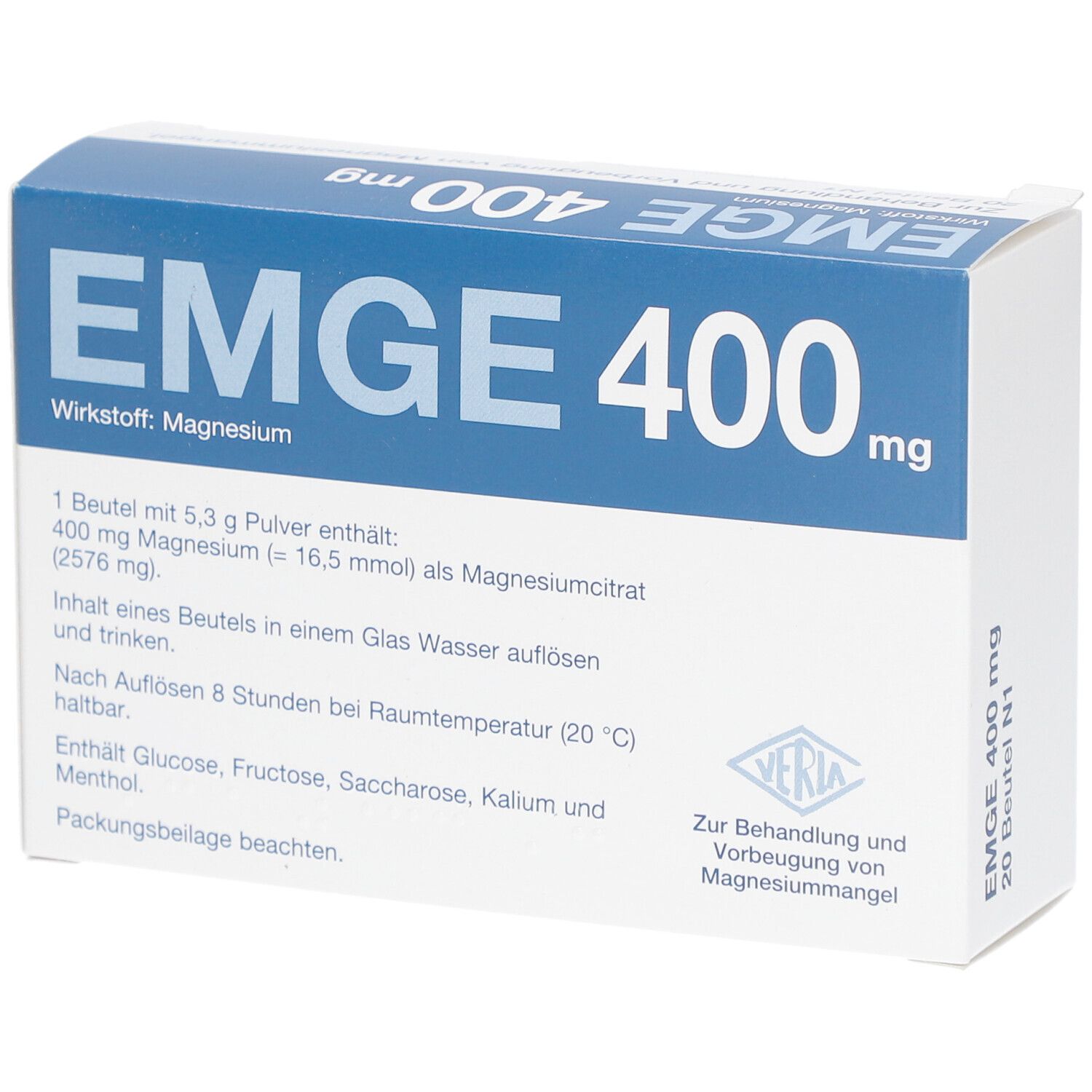 Verpackung von EMGE 400 mg. Weißer Karton mit blauer Schrift. Enthält 20 Beutel. Aufschrift: Magnesium, zur Behandlung von Magnesiummangel.