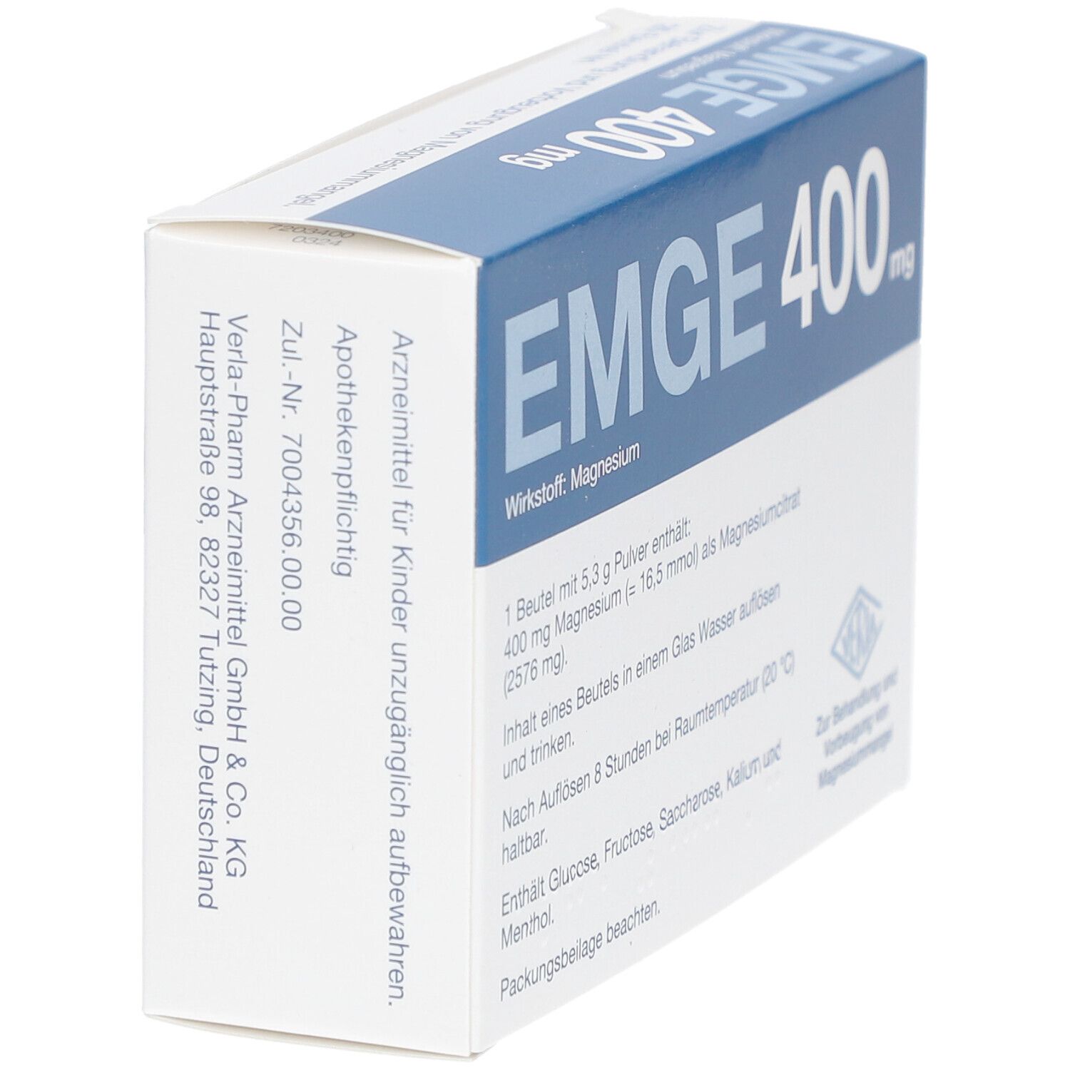 EMGE 400 mg Verpackung, schräg. Weißer Karton mit blauer Schrift. Enthält 20 Beutel. Aufschrift: Magnesium, zur Behandlung von Magnesiummangel.