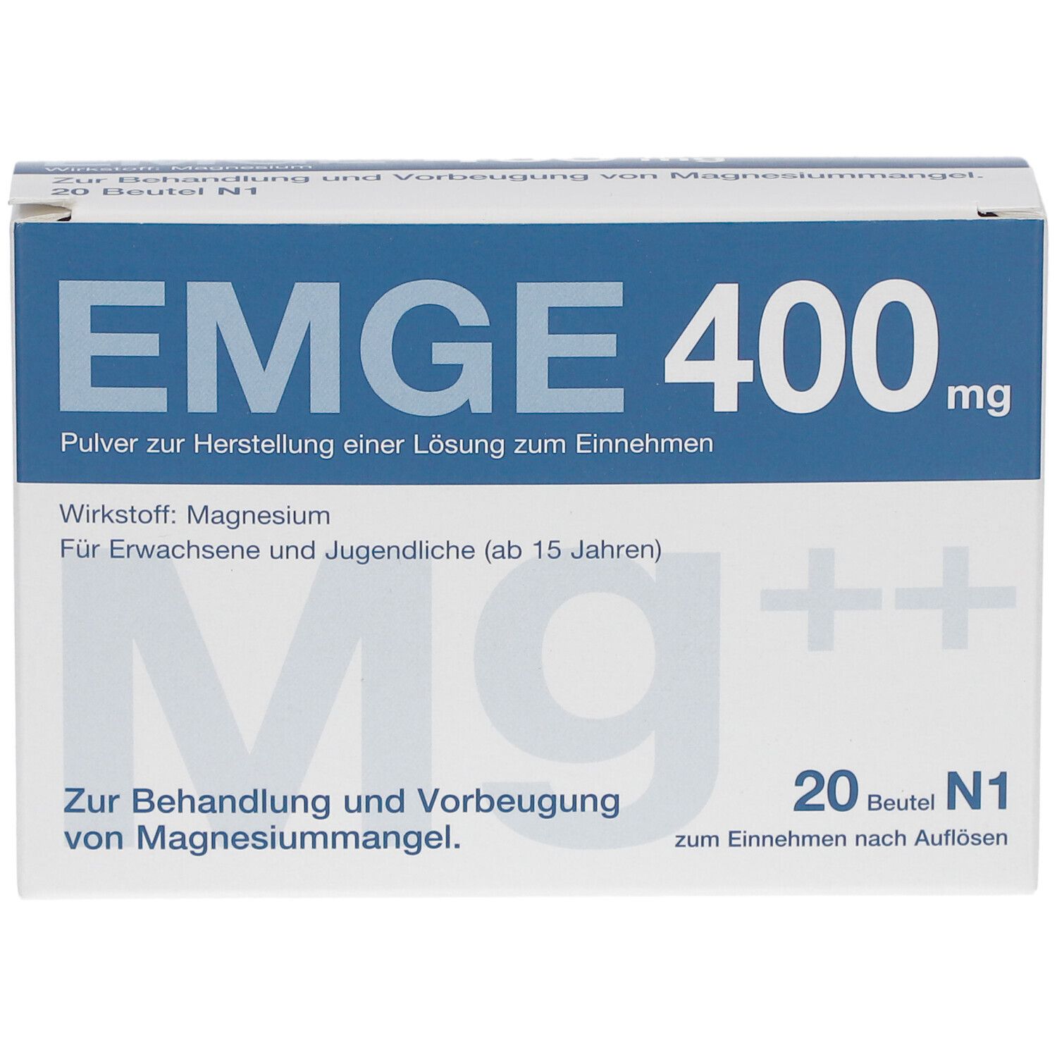 Verpackung von EMGE 400 mg. Weißer Karton mit blauer Schrift. Enthält 20 Beutel. Aufschrift: Magnesium, zur Behandlung von Magnesiummangel.