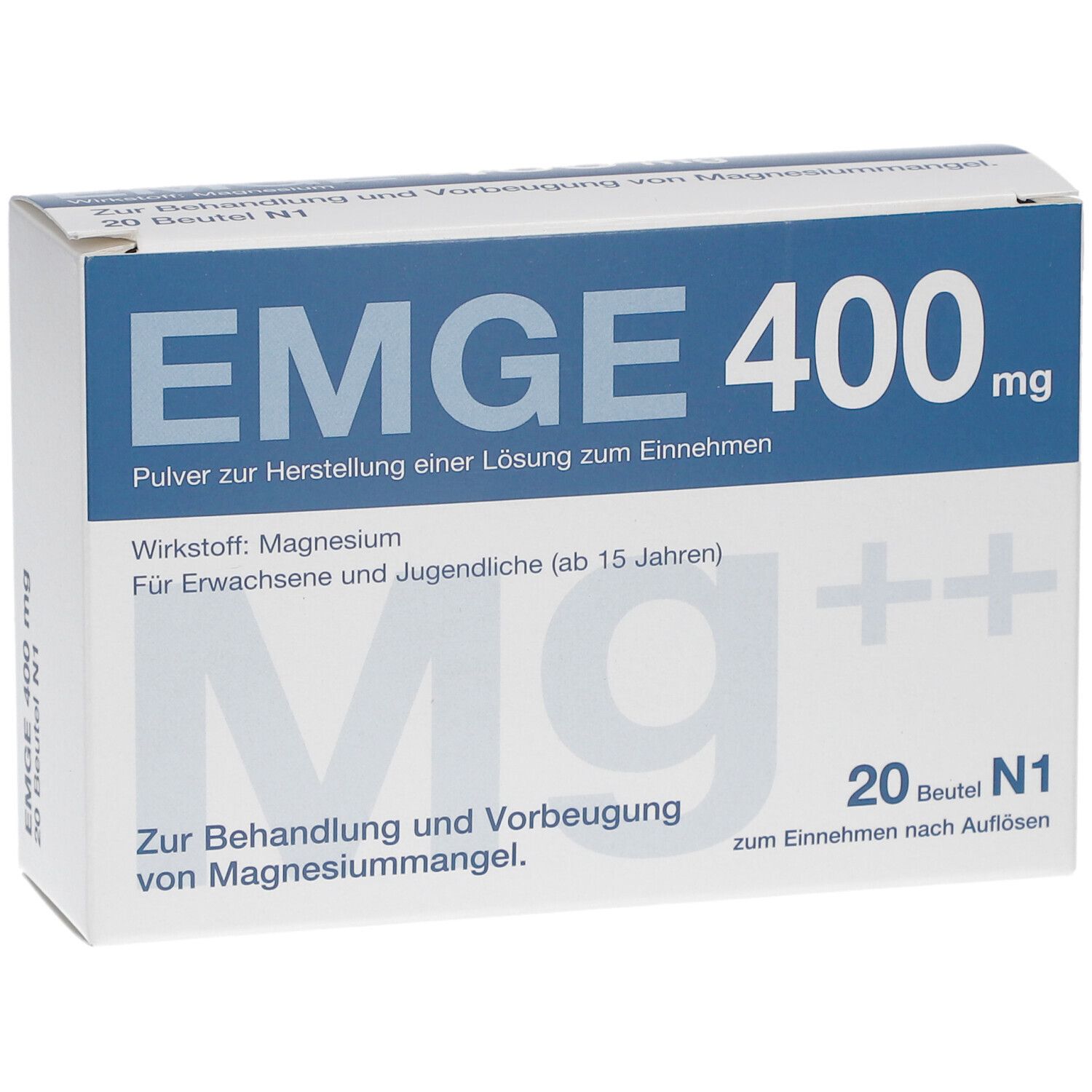 Verpackung von EMGE 400 mg. Weißer Karton mit blauer Schrift. Enthält 20 Beutel. Aufschrift: Magnesium, zur Behandlung von Magnesiummangel.