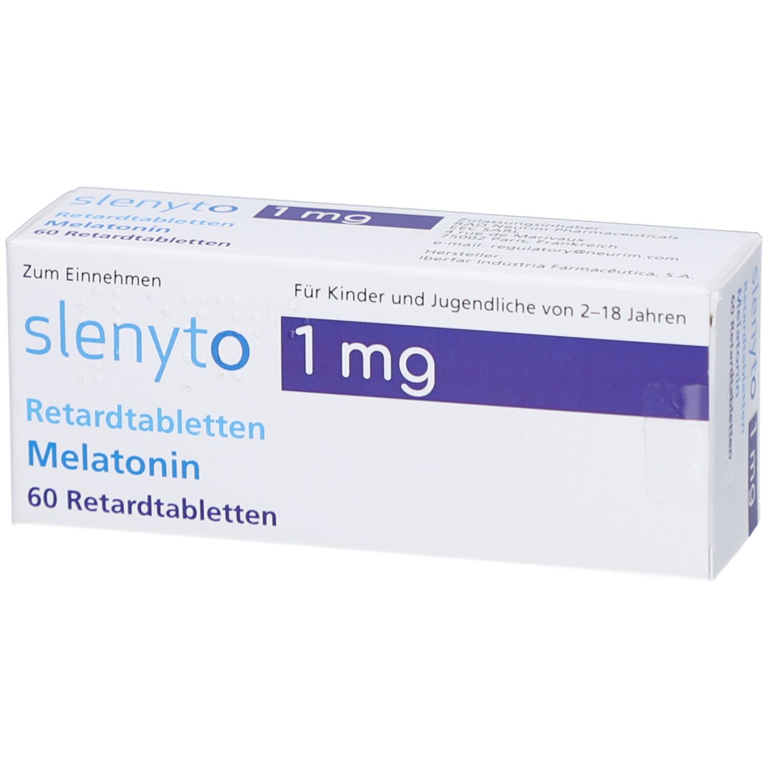 Weiße Schachtel mit blauer Schrift. Aufschrift: SLENYTO 1 mg Retardtabletten, Melatonin, 60 Retardtabletten. Für Kinder und Jugendliche.