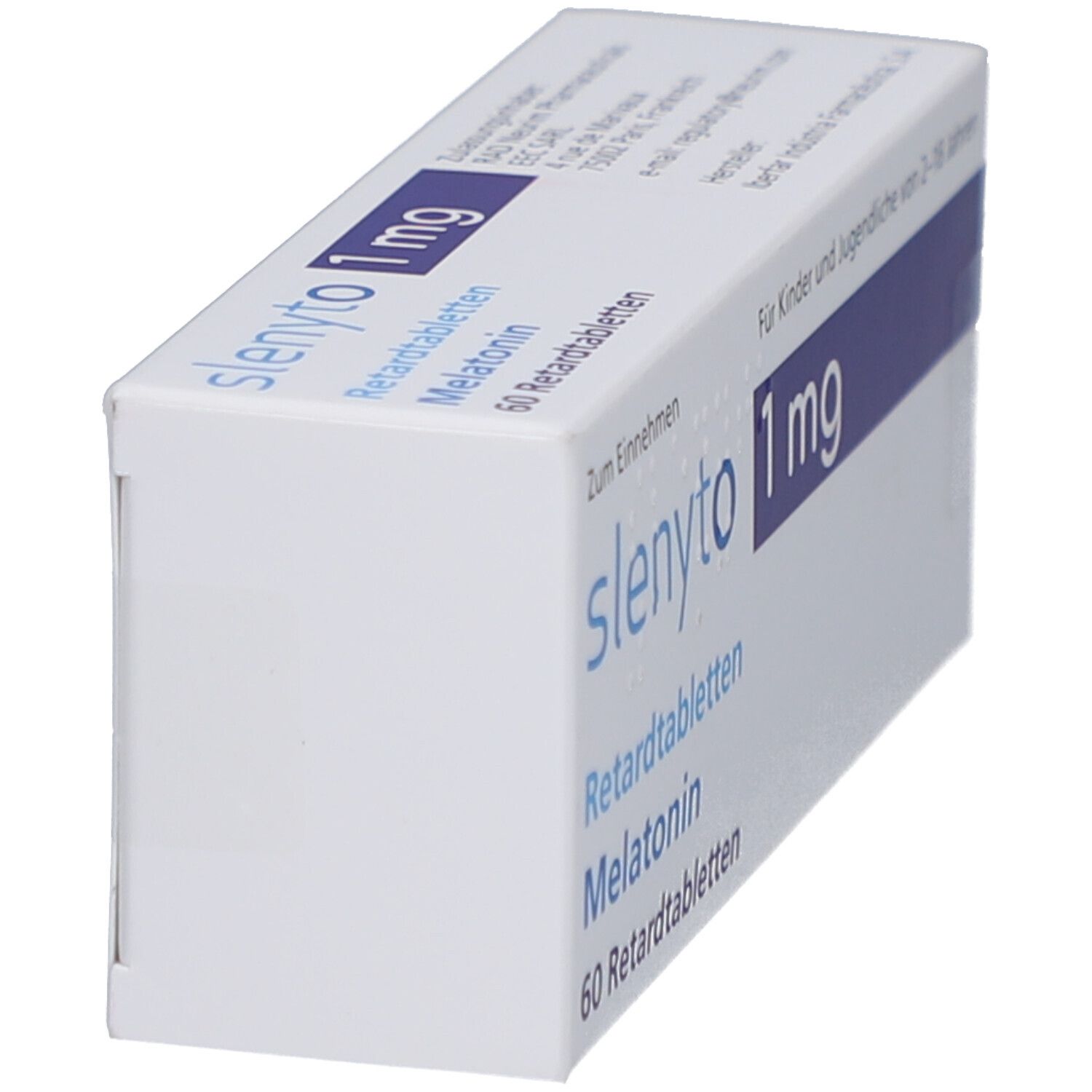 Weiße Schachtel, schräg. Aufschrift: SLENYTO 1 mg Retardtabletten, Melatonin, 60 Retardtabletten. Für Kinder und Jugendliche.