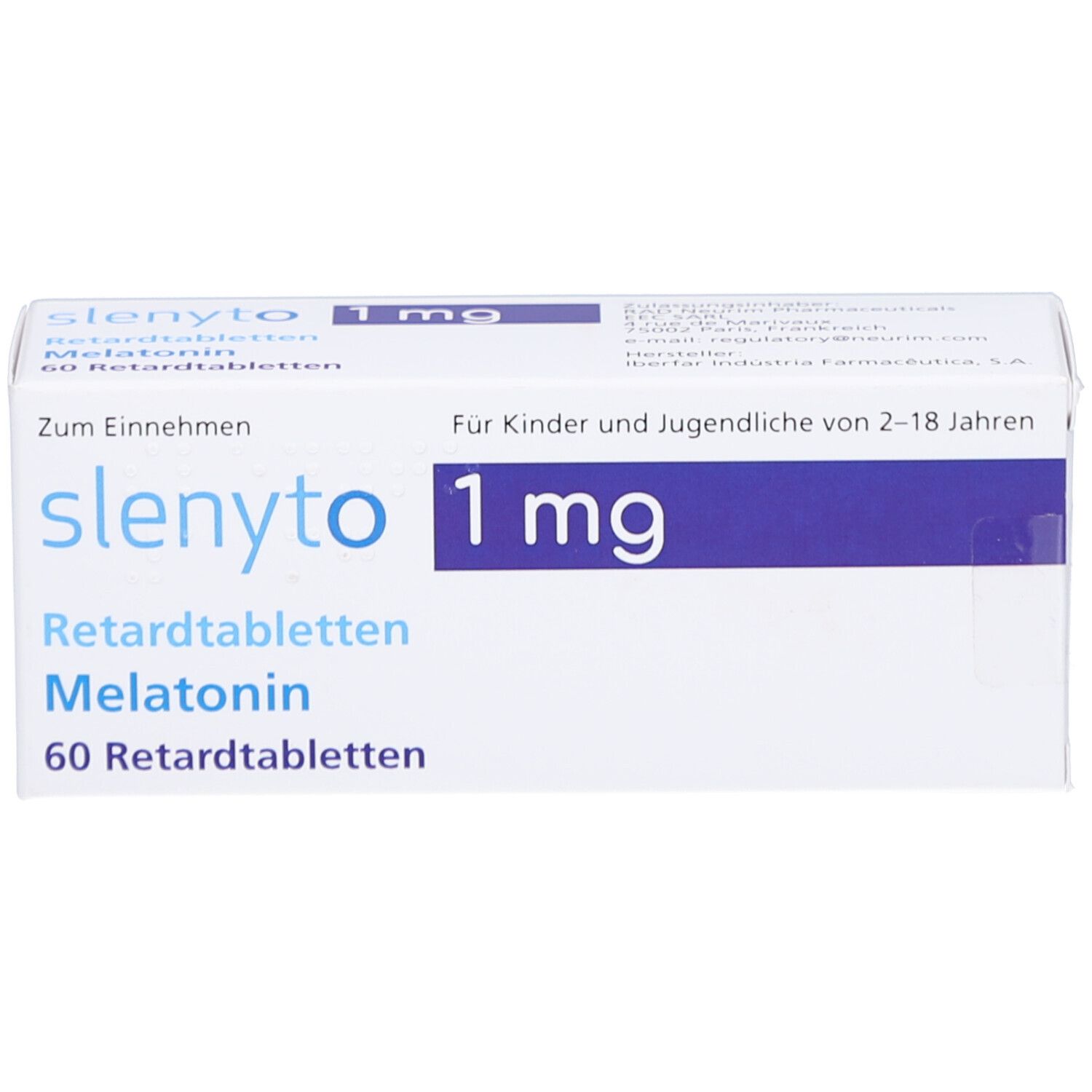 Weiße Schachtel mit blauer Schrift. Aufschrift: SLENYTO 1 mg Retardtabletten, Melatonin, 60 Retardtabletten. Für Kinder und Jugendliche.