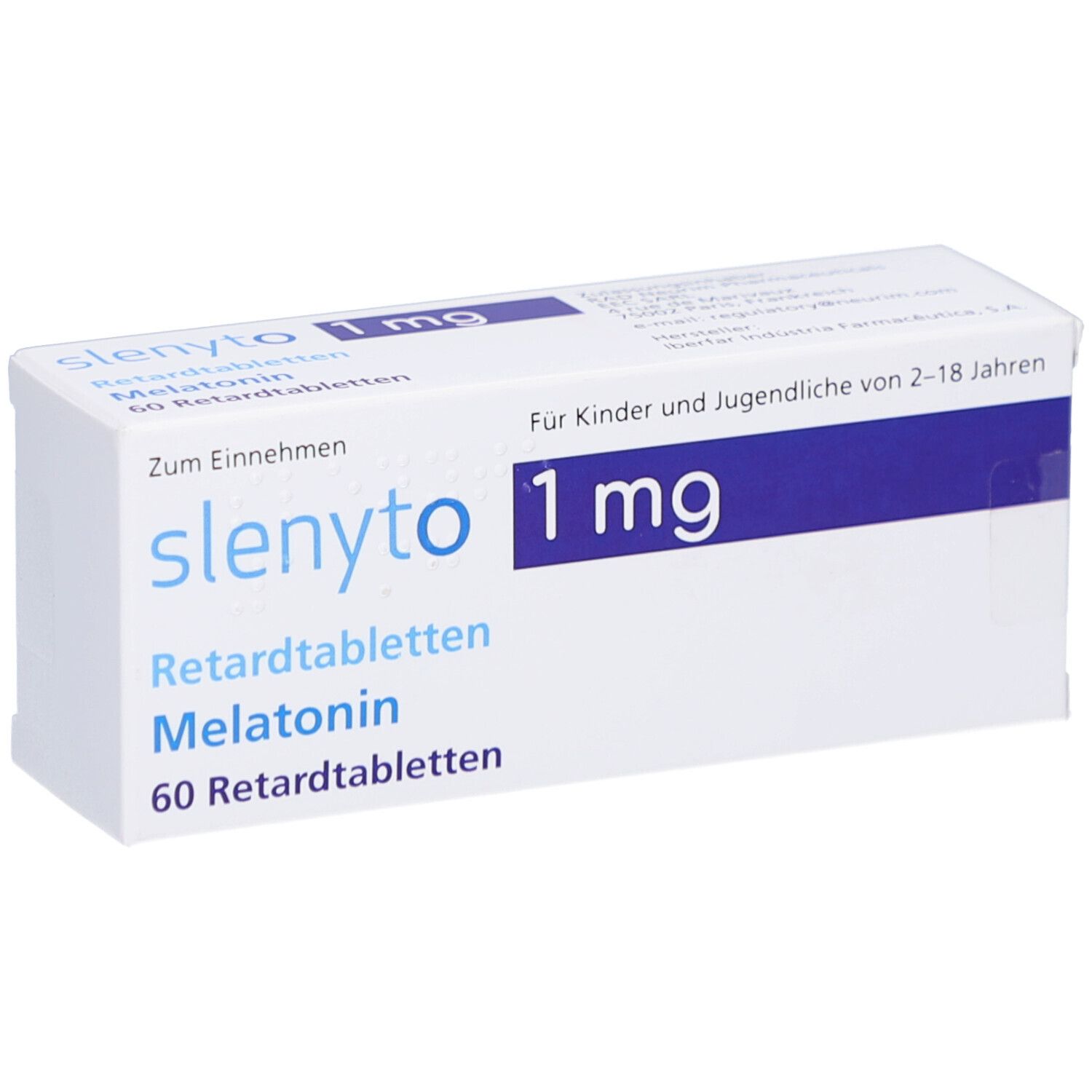 Weiße Schachtel mit blauer Schrift. Aufschrift: SLENYTO 1 mg Retardtabletten, Melatonin, 60 Retardtabletten. Für Kinder und Jugendliche.