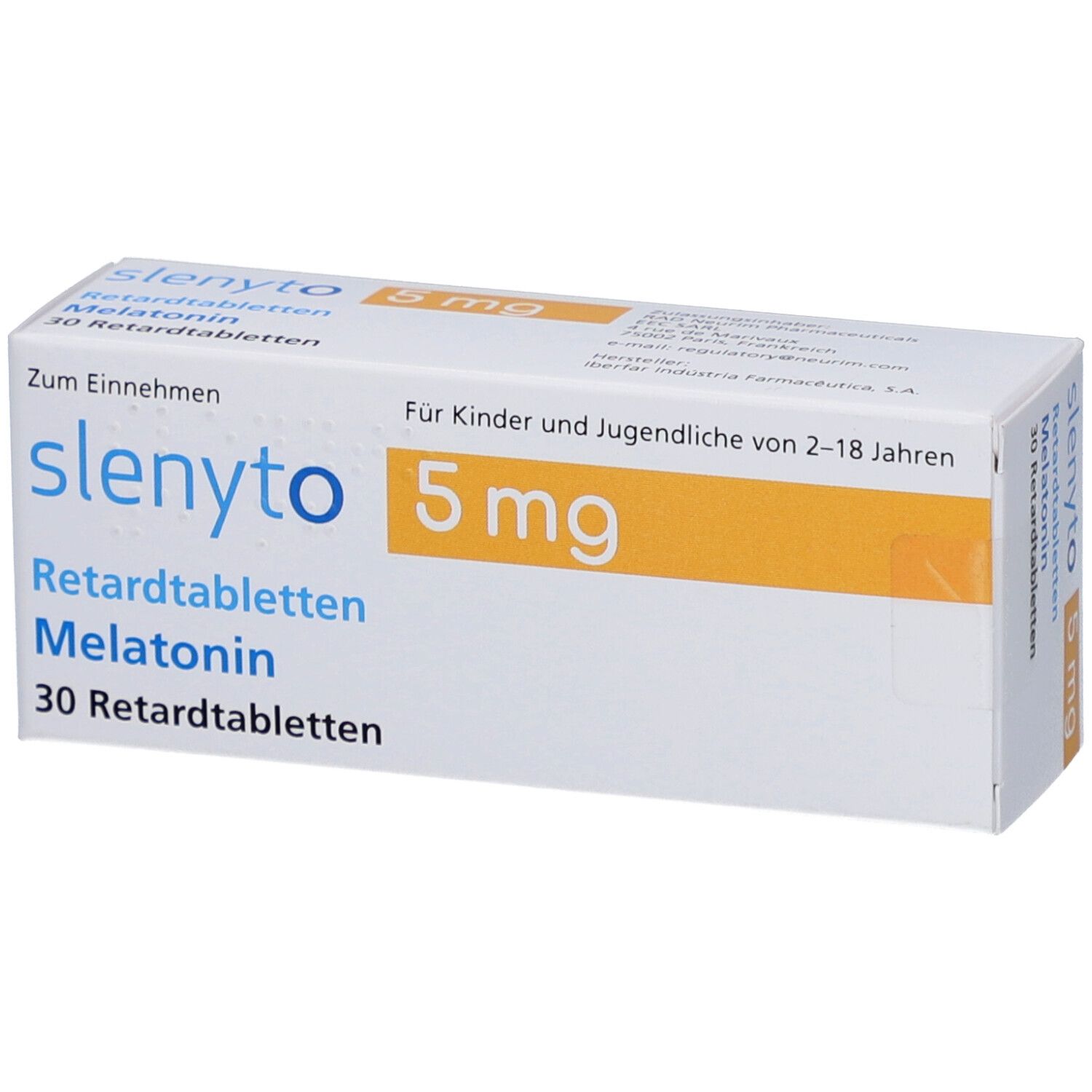 Schachtel SLENYTO 5 mg Retardtabletten. Aufschrift: 5 mg, Melatonin, 30 Retardtabletten. Für Kinder und Jugendliche.