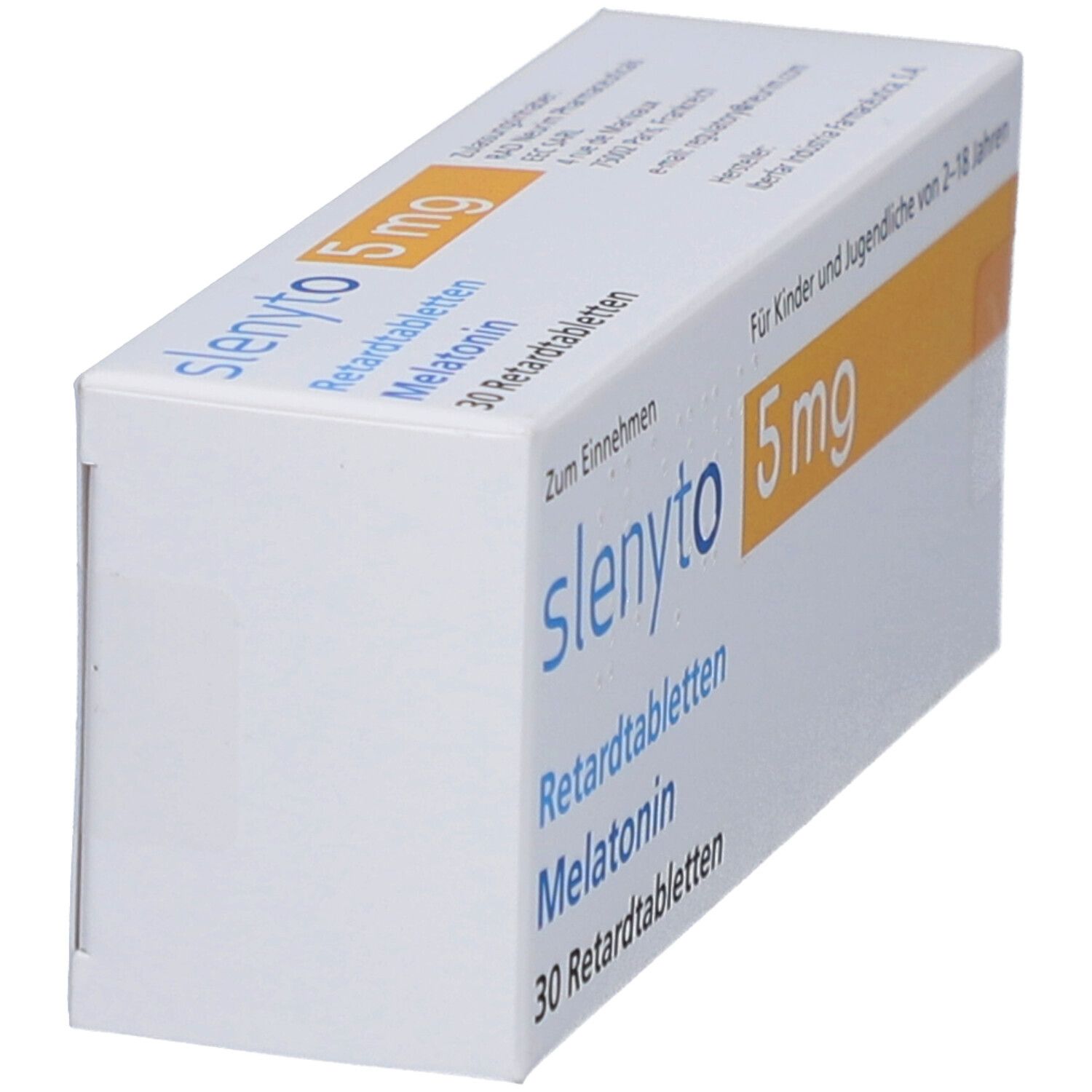 Schachtel SLENYTO 5 mg Retardtabletten. Aufschrift: 5 mg, Melatonin, 30 Retardtabletten. Für Kinder und Jugendliche.