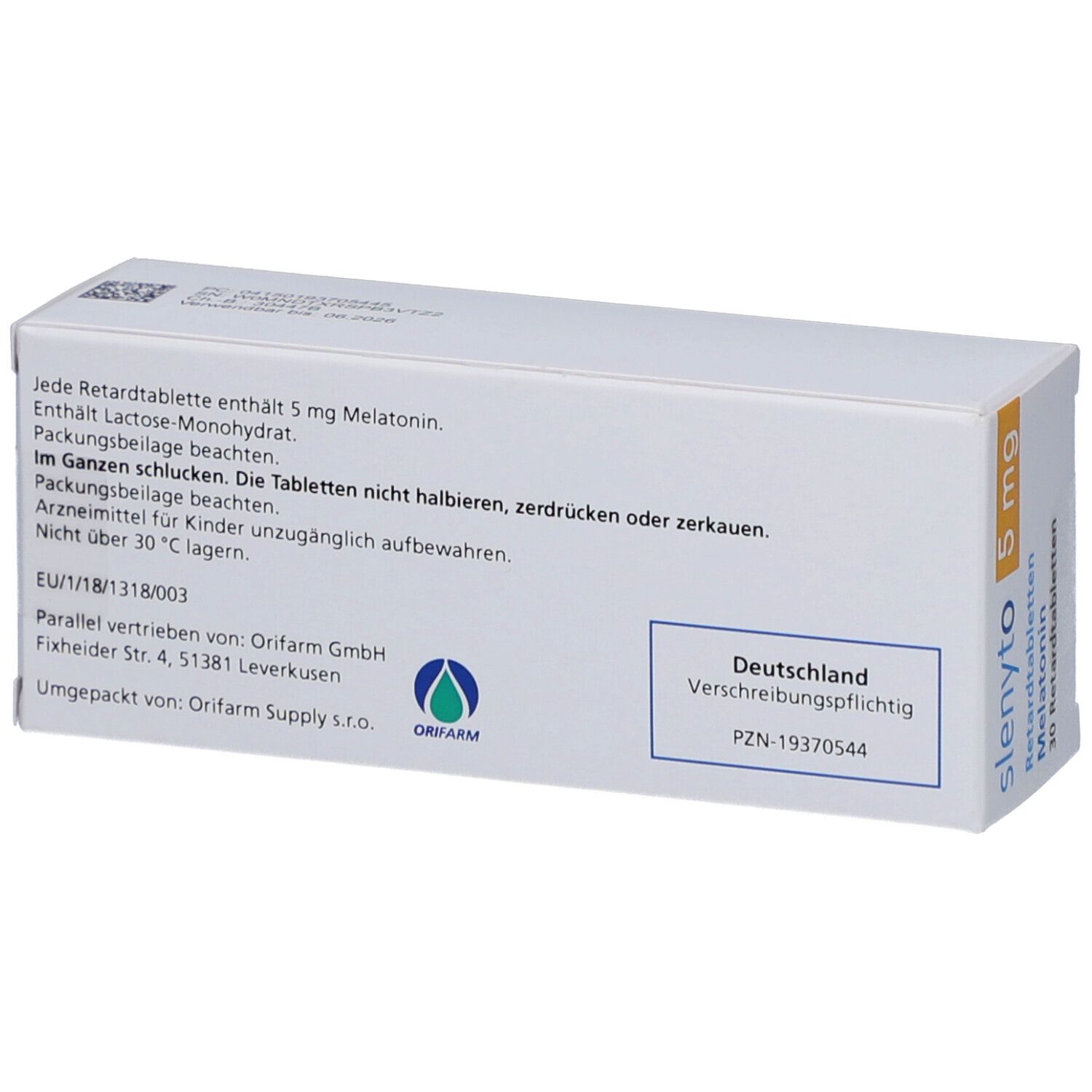 Rückseite der SLENYTO-Schachtel. Text: 5 mg Melatonin, Packungsbeilage beachten, nicht über 30°C lagern. Deutschland.