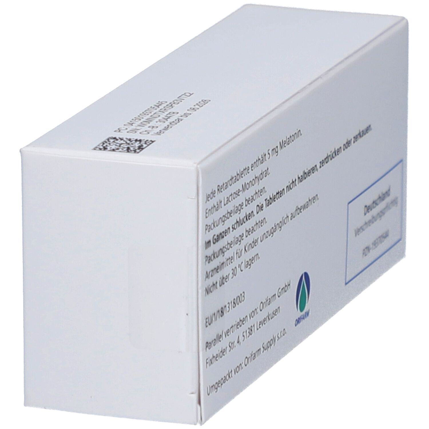 Rückseite der SLENYTO-Schachtel. Text: 5 mg Melatonin, Packungsbeilage beachten, nicht über 30°C lagern. Deutschland.