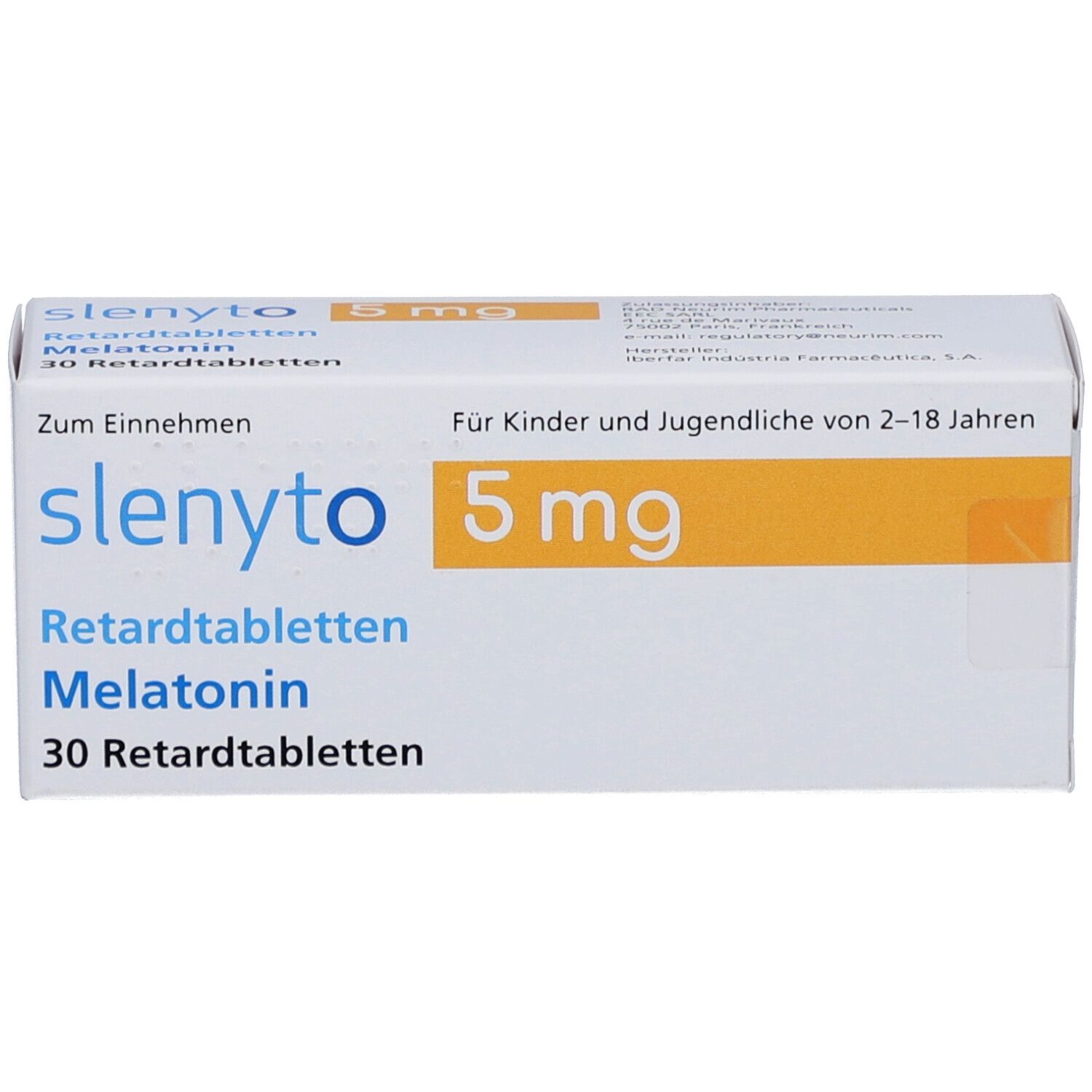 Schachtel SLENYTO 5 mg Retardtabletten. Aufschrift: 5 mg, Melatonin, 30 Retardtabletten. Für Kinder und Jugendliche.