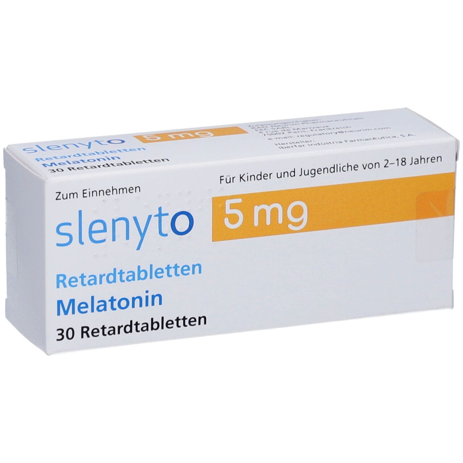 Schachtel SLENYTO 5 mg Retardtabletten. Aufschrift: 5 mg, Melatonin, 30 Retardtabletten. Für Kinder und Jugendliche.