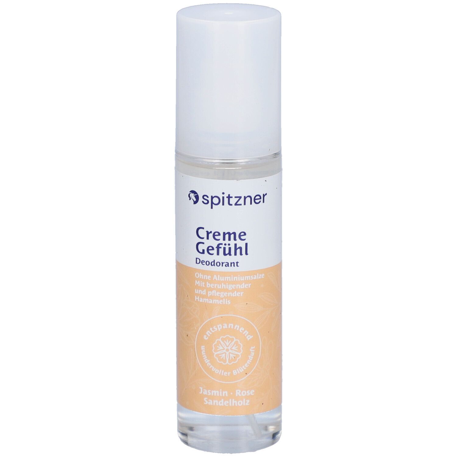 Deodorant CremeGefühl von Spitzner. Transparente Flasche mit weißem Deckel. Produktetikett mit Logo und Produktnamen.