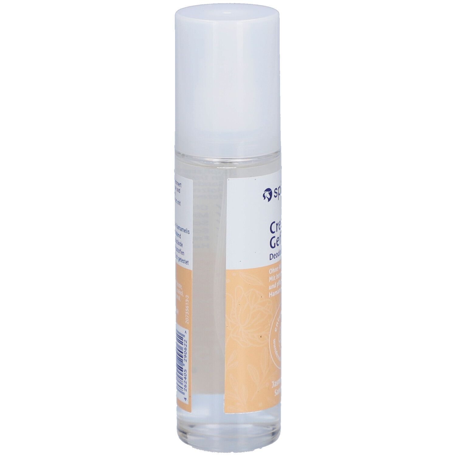 Spitzner Deodorant CremeGefühl. Transparente Flasche mit weißem Deckel. Seitenansicht mit Produktinformationen auf Etikett.