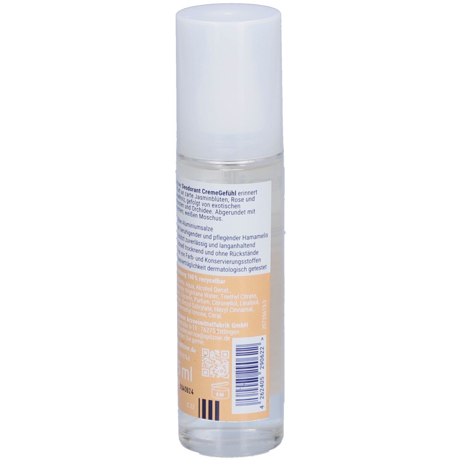 Spitzner Deodorant CremeGefühl. Transparente Flasche mit weißem Deckel. Rückseite mit Produktinformationen und Barcode.