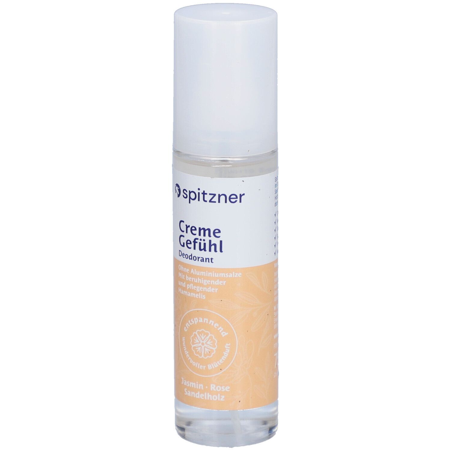 Spitzner Deodorant CremeGefühl. Transparente Flasche mit weißem Deckel. Produktetikett mit Logo und Produktnamen.