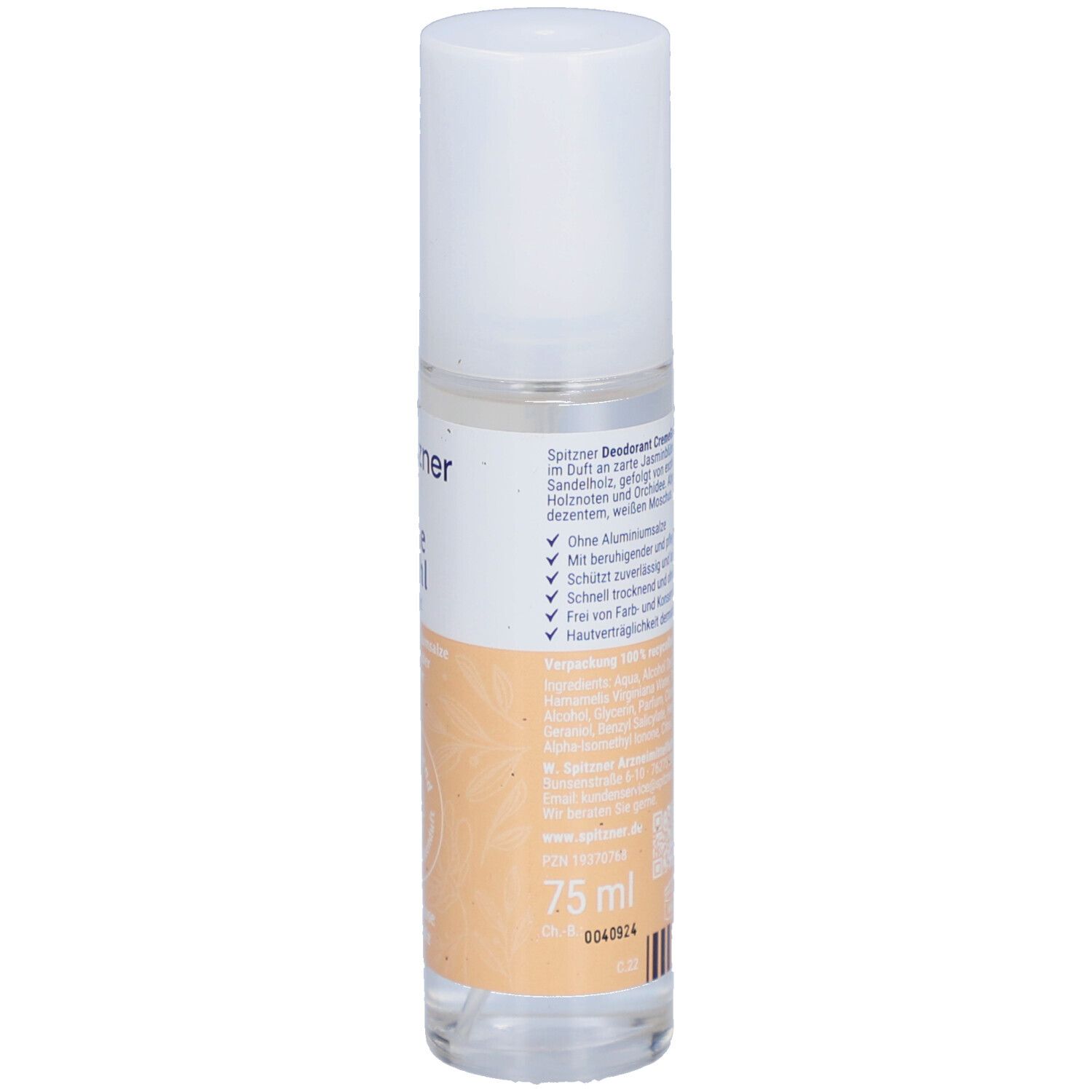 Spitzner Deodorant CremeGefühl. Transparente Flasche mit weißem Deckel. Rückseite mit Produktinformationen und Volumenangabe.