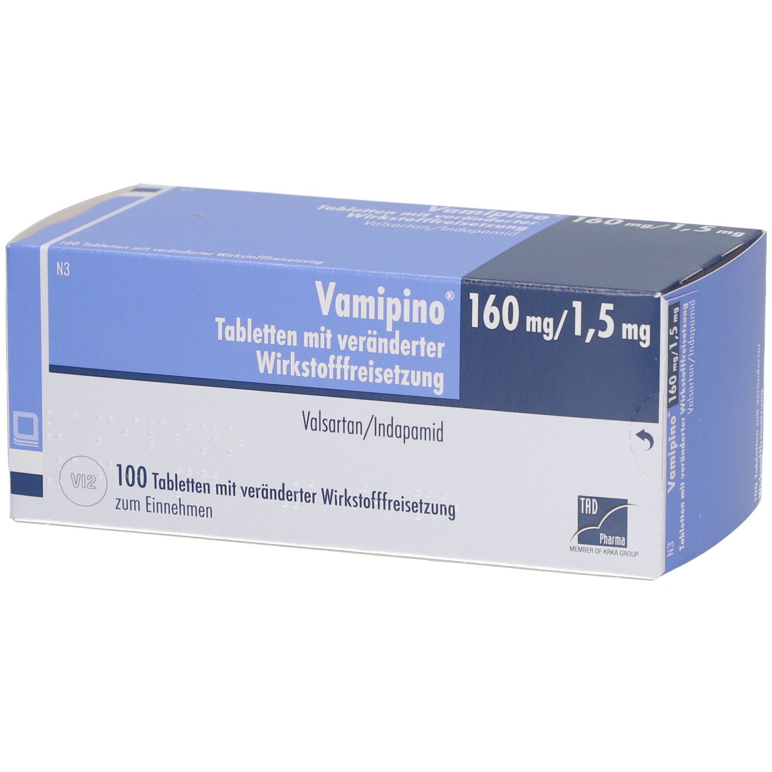 Blau-weiße Tablettenbox. Aufschrift: Vamipino 160 mg/1,5 mg, Tabletten mit veränderter Wirkstofffreisetzung. 100 Tabletten.