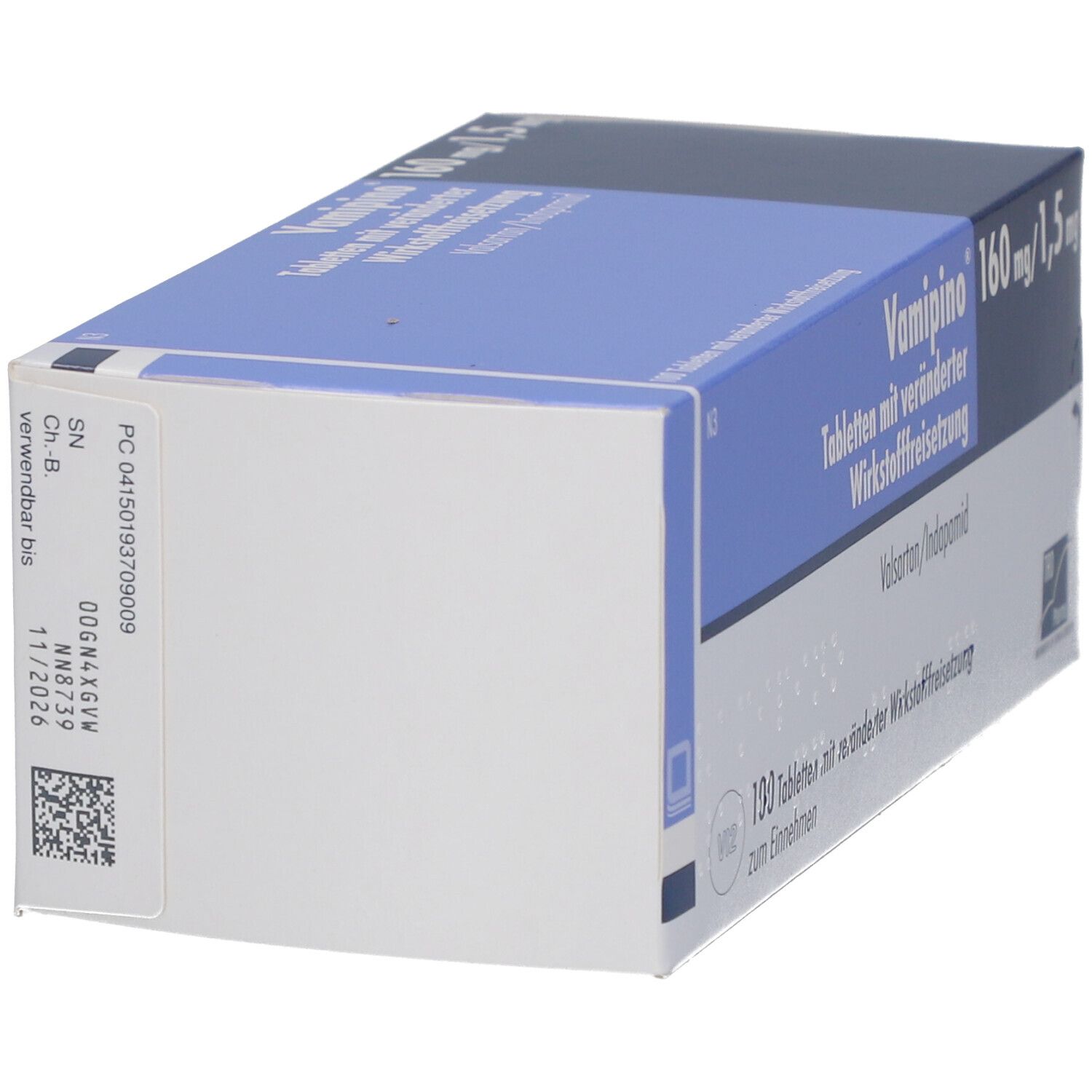 Tablettenbox, blau-weiß. Aufschrift: Vamipino 160 mg/1,5 mg. Rückseite mit Informationen und Barcode. Haltbarkeit bis 11/2026.
