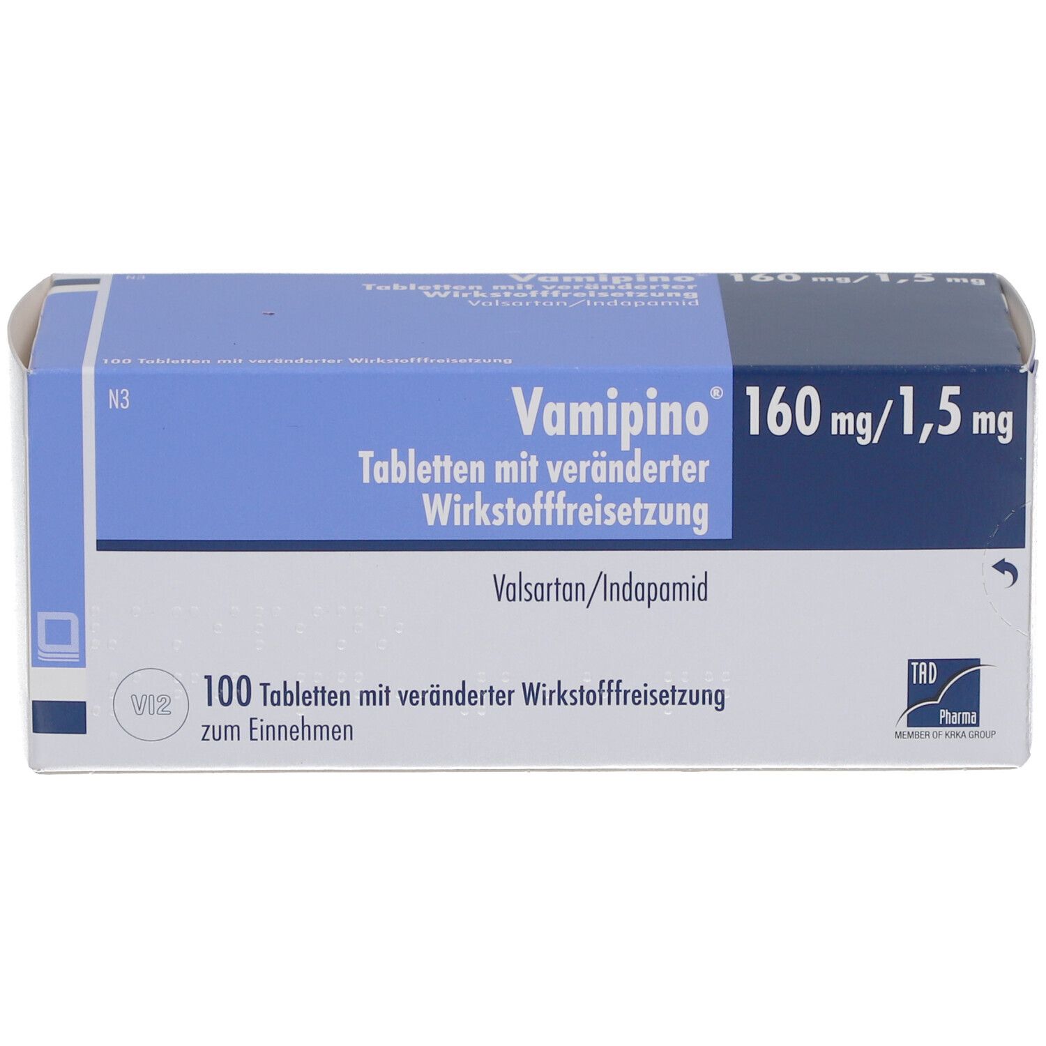 Tablettenbox, blau-weiß. Aufschrift: Vamipino 160 mg/1,5 mg, Tabletten mit veränderter Wirkstofffreisetzung. 100 Tabletten.