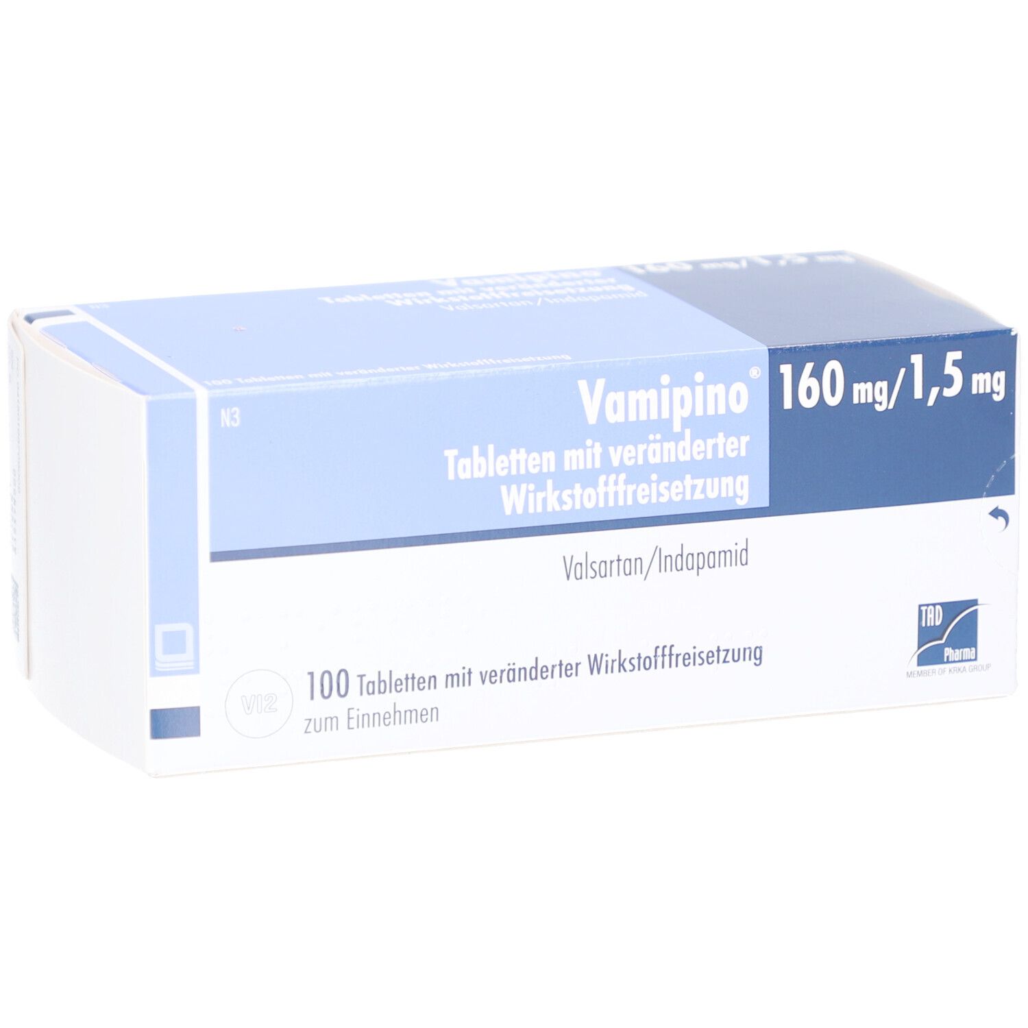Tablettenbox, blau-weiß. Aufschrift: Vamipino 160 mg/1,5 mg, Tabletten mit veränderter Wirkstofffreisetzung. 100 Tabletten.